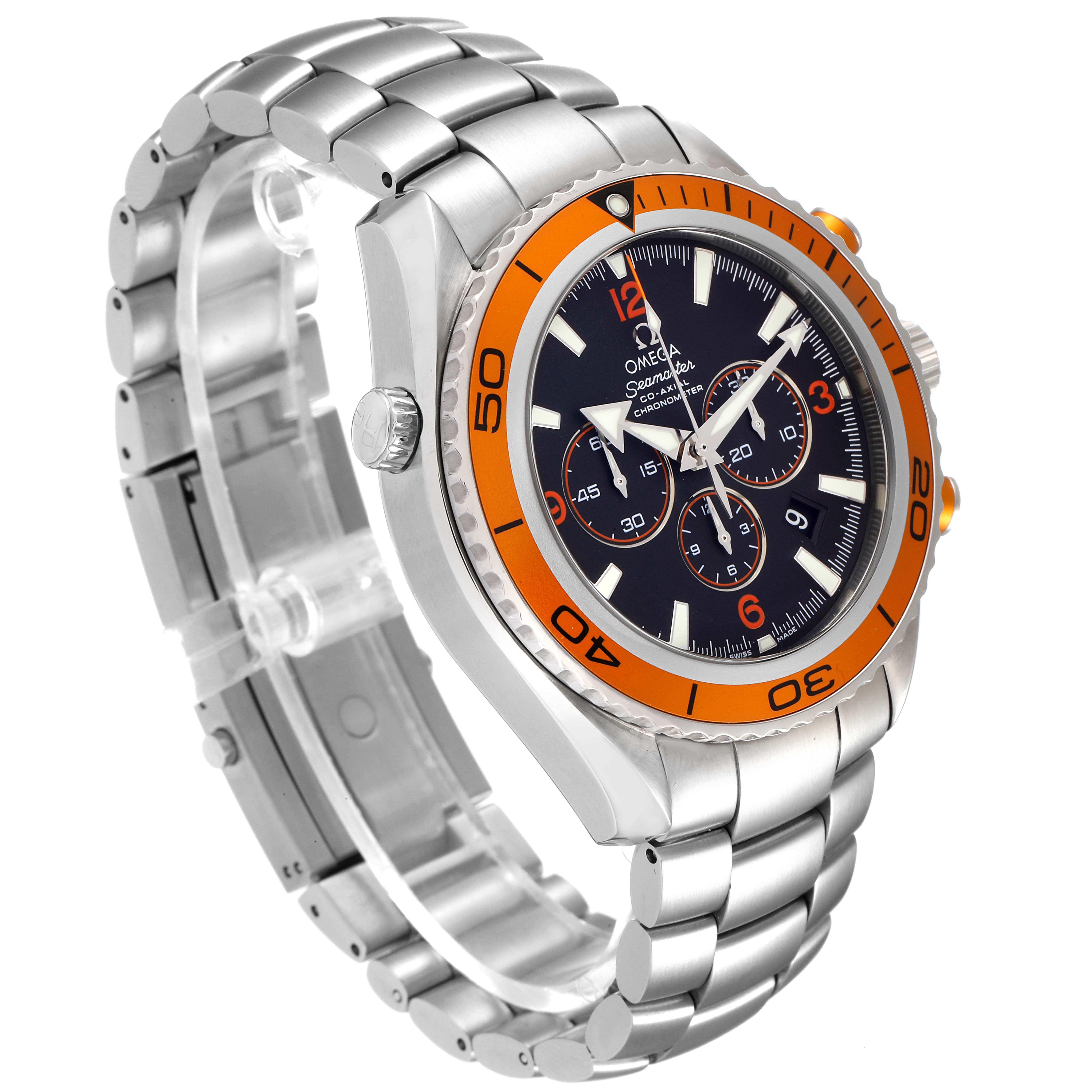 The Omega Planet Ocean 2218.50.00 Men's Stainless Steel Black Dial 2218.50.00 Men's Stainless Steel Black Dial watch is shown from a 3/4 angle, highlighting its orange bezel, black dial, and silver metal bracelet.