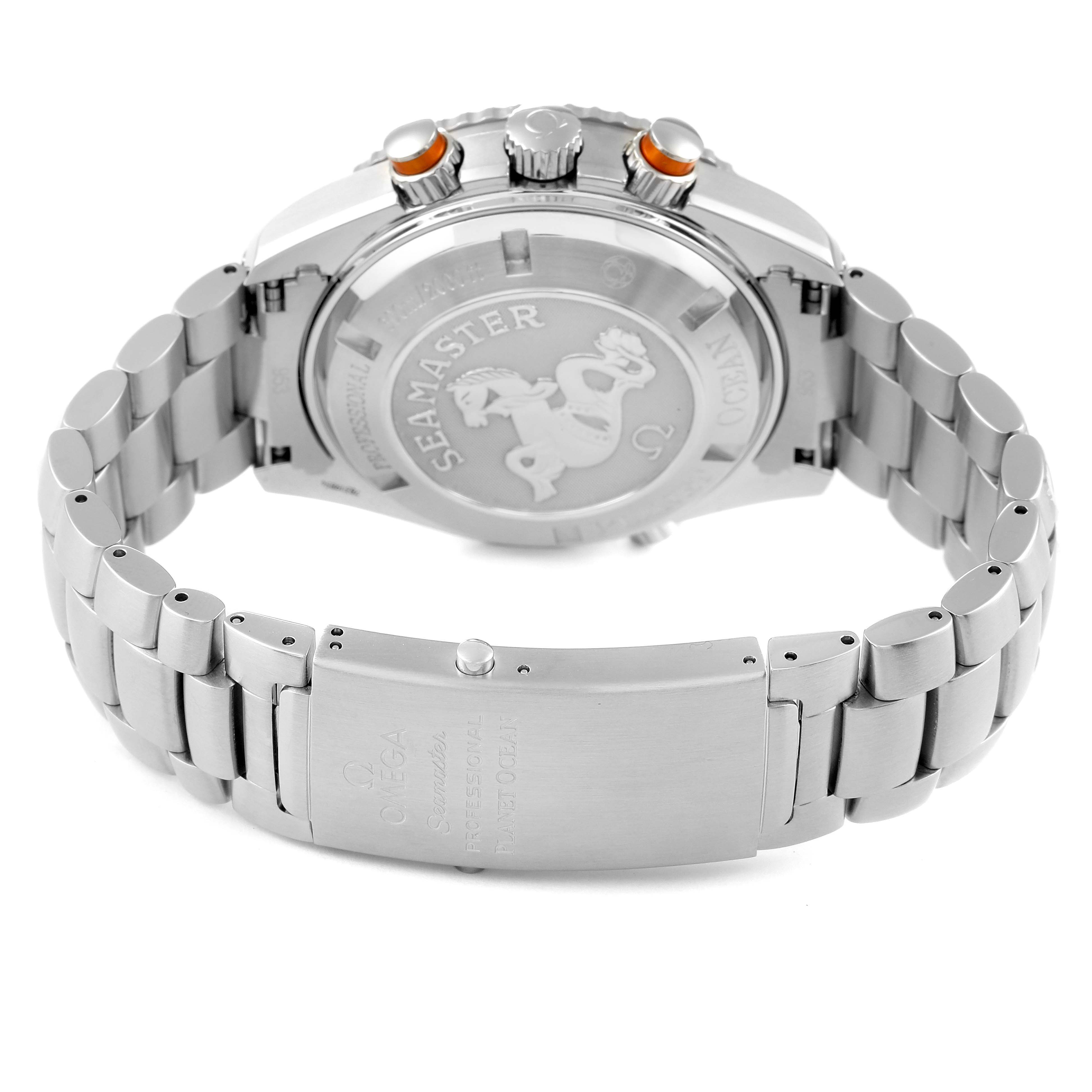 This image shows the back view of the Omega Planet Ocean 2218.50.00 Men's Stainless Steel Black Dial 2218.50.00 Men's Stainless Steel Black Dial watch, highlighting the case back, crown, and bracelet.