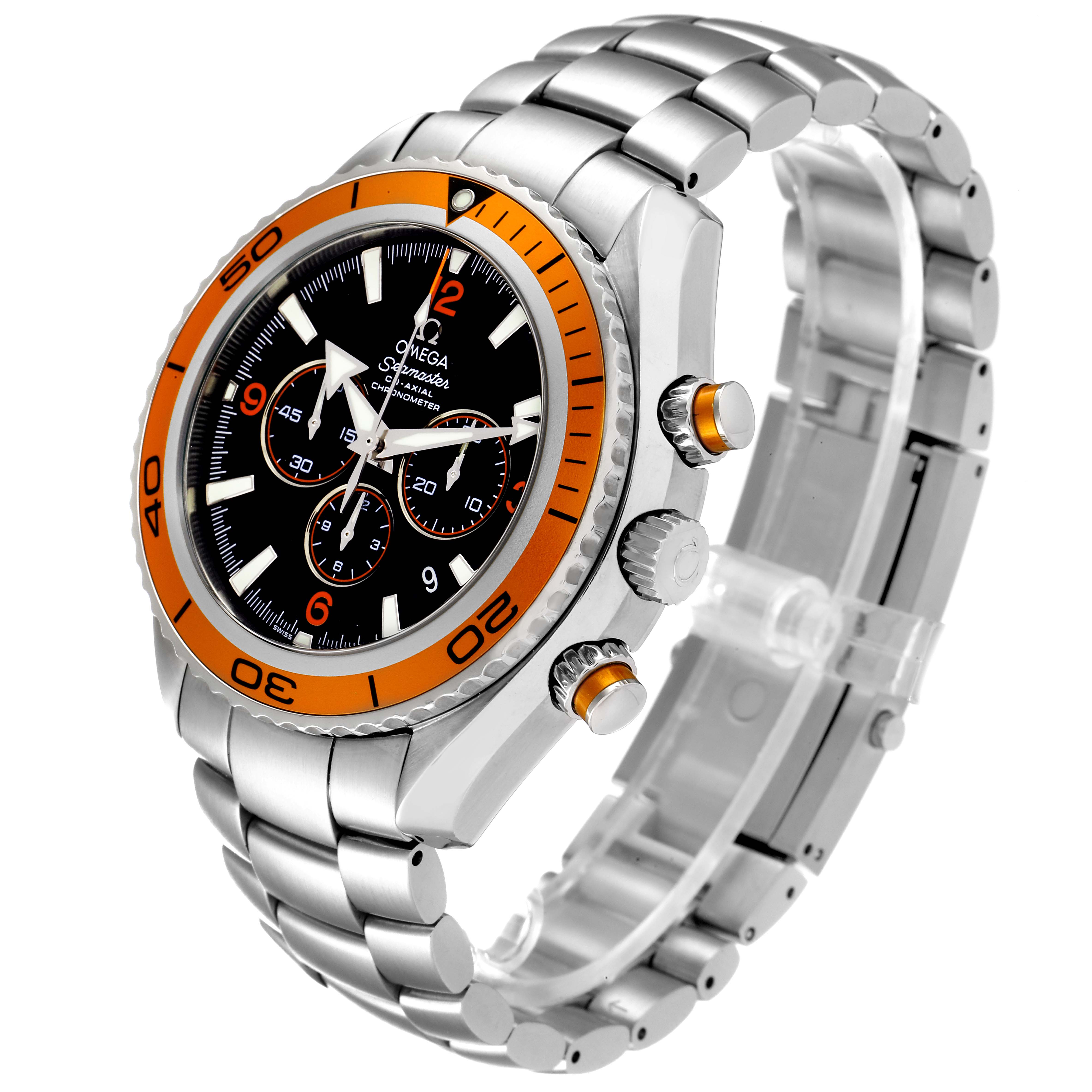 The Omega Planet Ocean 2218.50.00 Men's Stainless Steel Black Dial 2218.50.00 Men's Stainless Steel Black Dial watch is shown from an angled perspective, featuring its orange bezel, black dial, and stainless steel bracelet.