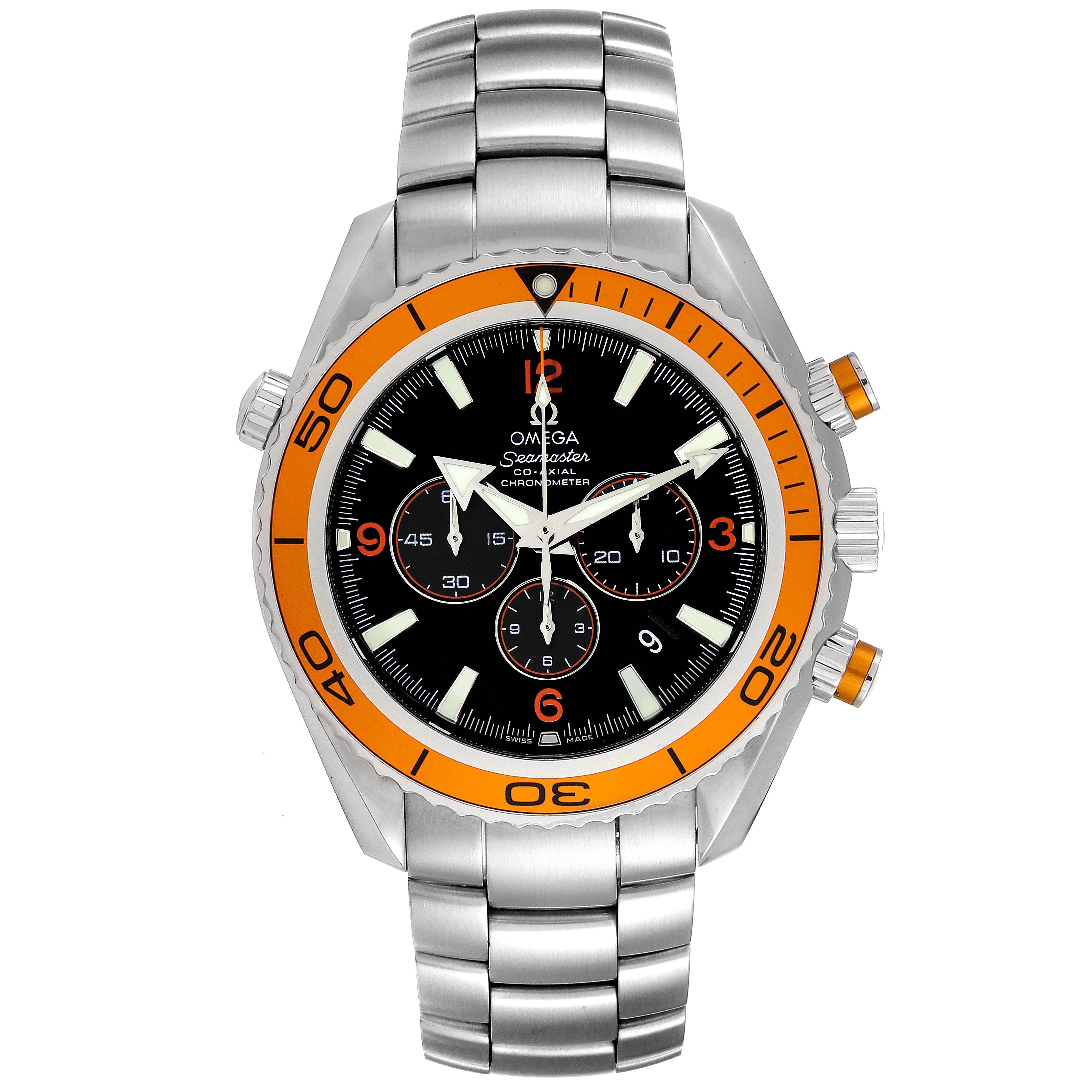 The image shows a front view of the Omega Planet Ocean 2218.50.00 Men's Stainless Steel Black Dial 2218.50.00 Men's Stainless Steel Black Dial watch, highlighting its orange bezel, black dial, and stainless steel bracelet.