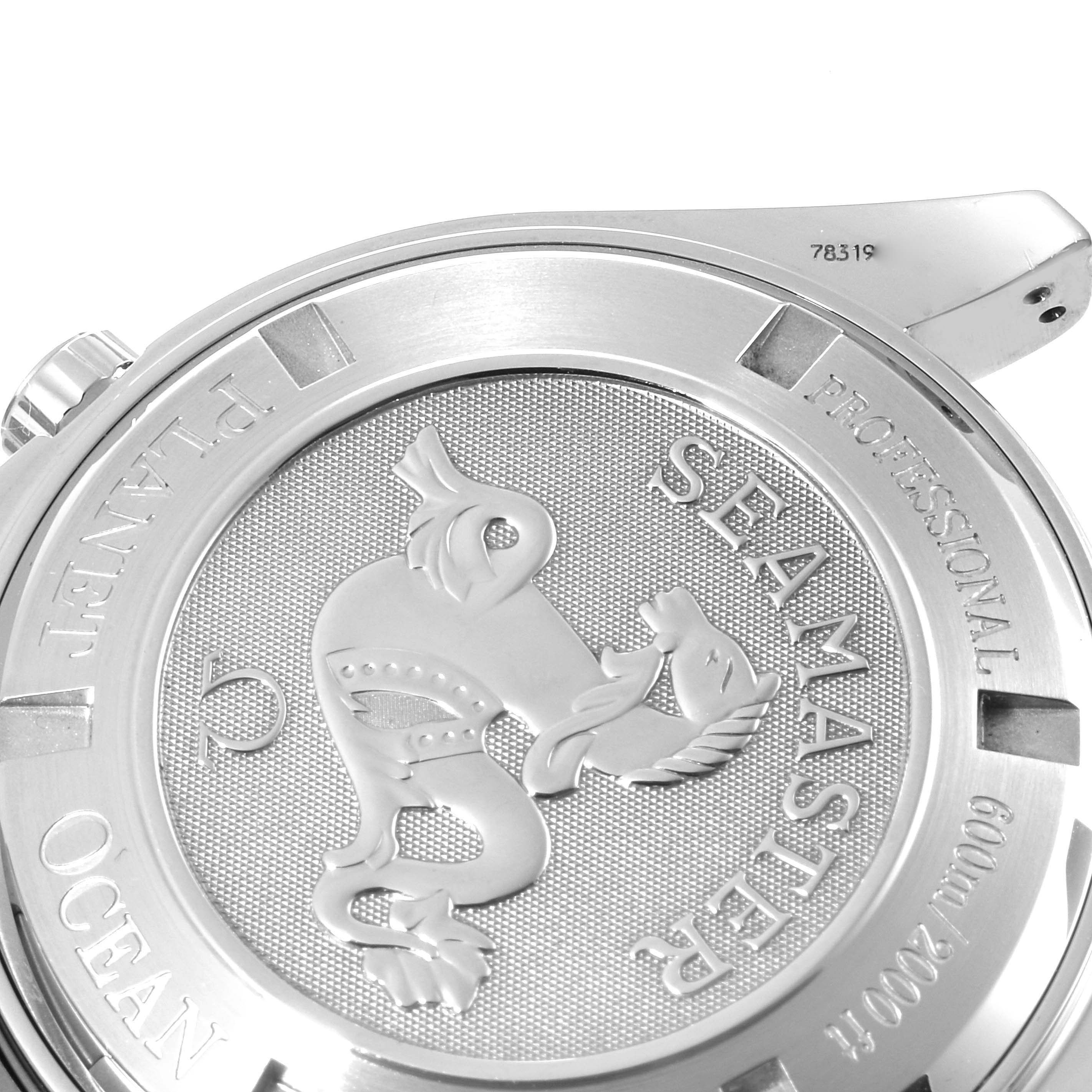 The image shows the back case of an Omega Planet Ocean 2218.50.00 Men's Stainless Steel Black Dial 2218.50.00 Men's Stainless Steel Black Dial watch, highlighting the Seamaster logo and related inscriptions.