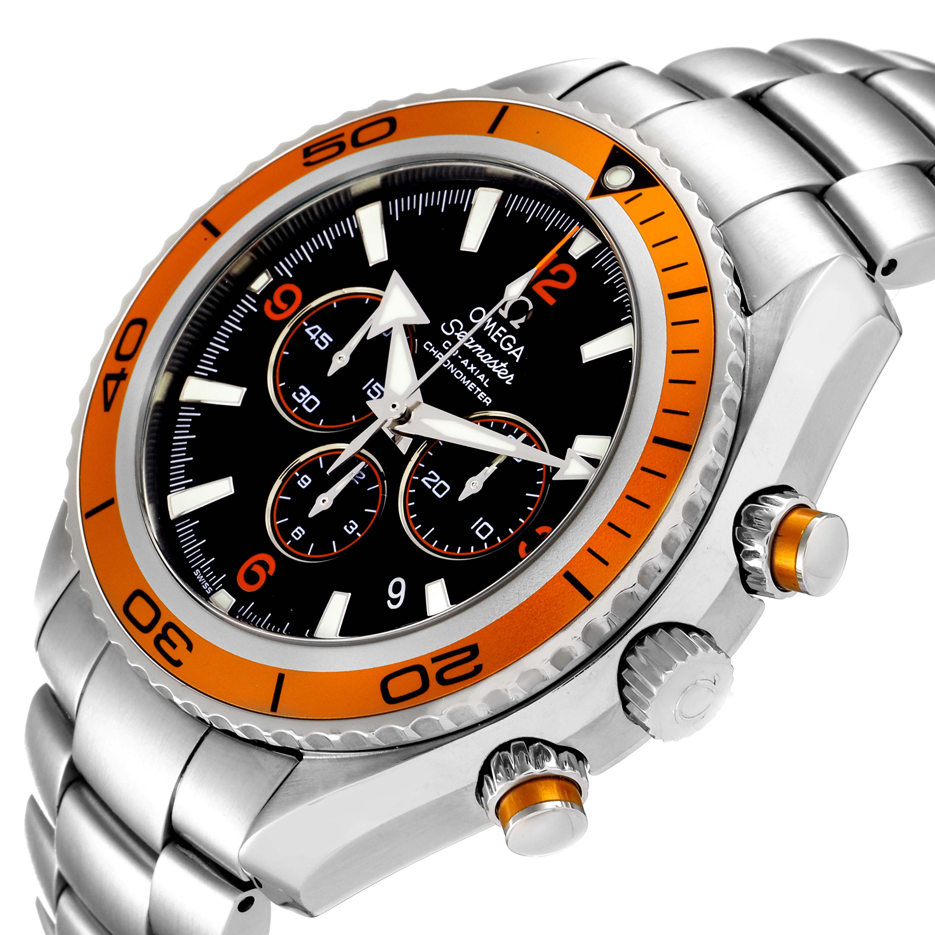 The Omega Planet Ocean 2218.50.00 Men's Stainless Steel Black Dial 2218.50.00 Men's Stainless Steel Black Dial watch is shown at a slight angle, highlighting the orange bezel, chronograph dials, crown, and pushers.