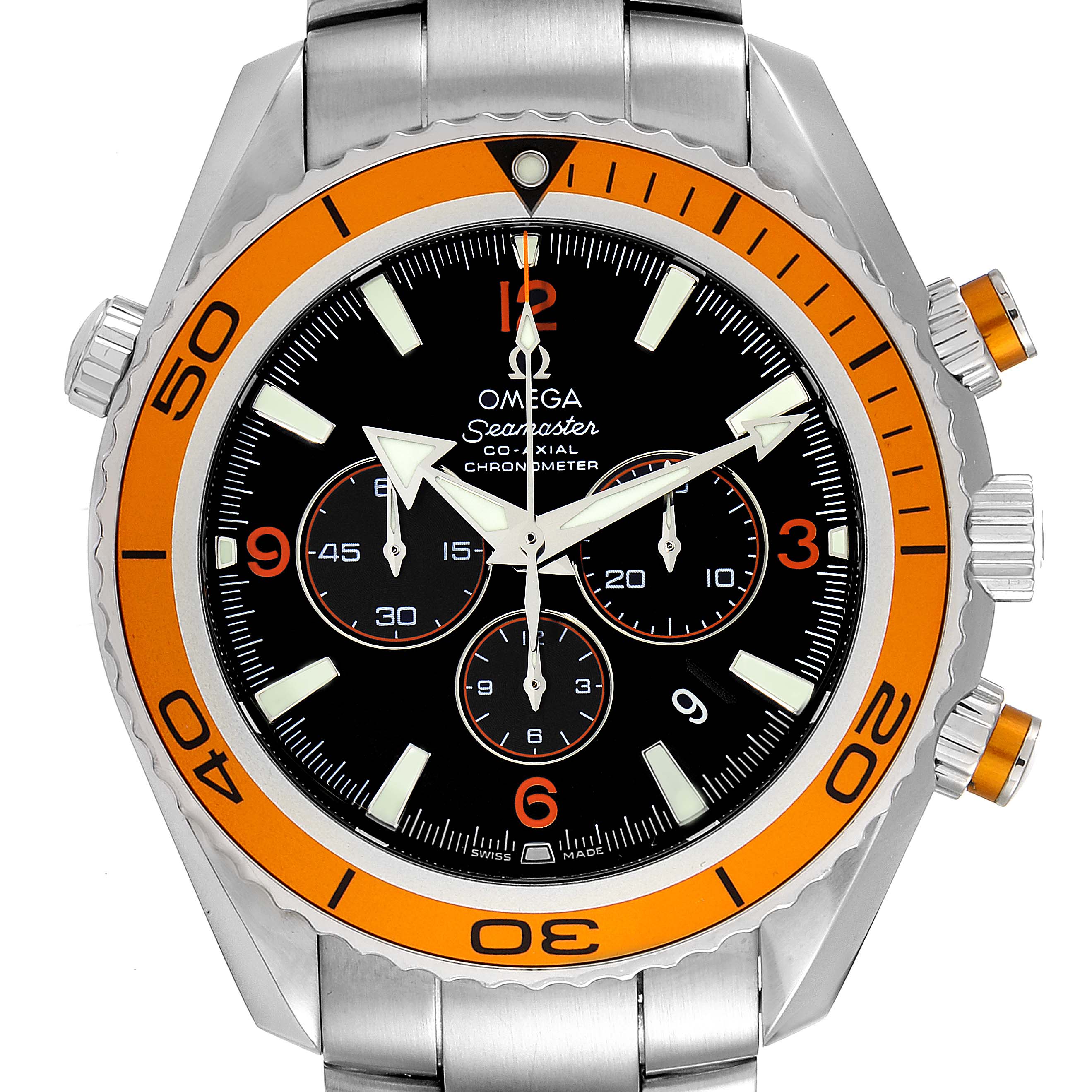 The image shows a frontal view of the Omega Planet Ocean 2218.50.00 Men's Stainless Steel Black Dial 2218.50.00 Men's Stainless Steel Black Dial watch, highlighting its orange bezel, chronograph dials, and stainless steel bracelet.