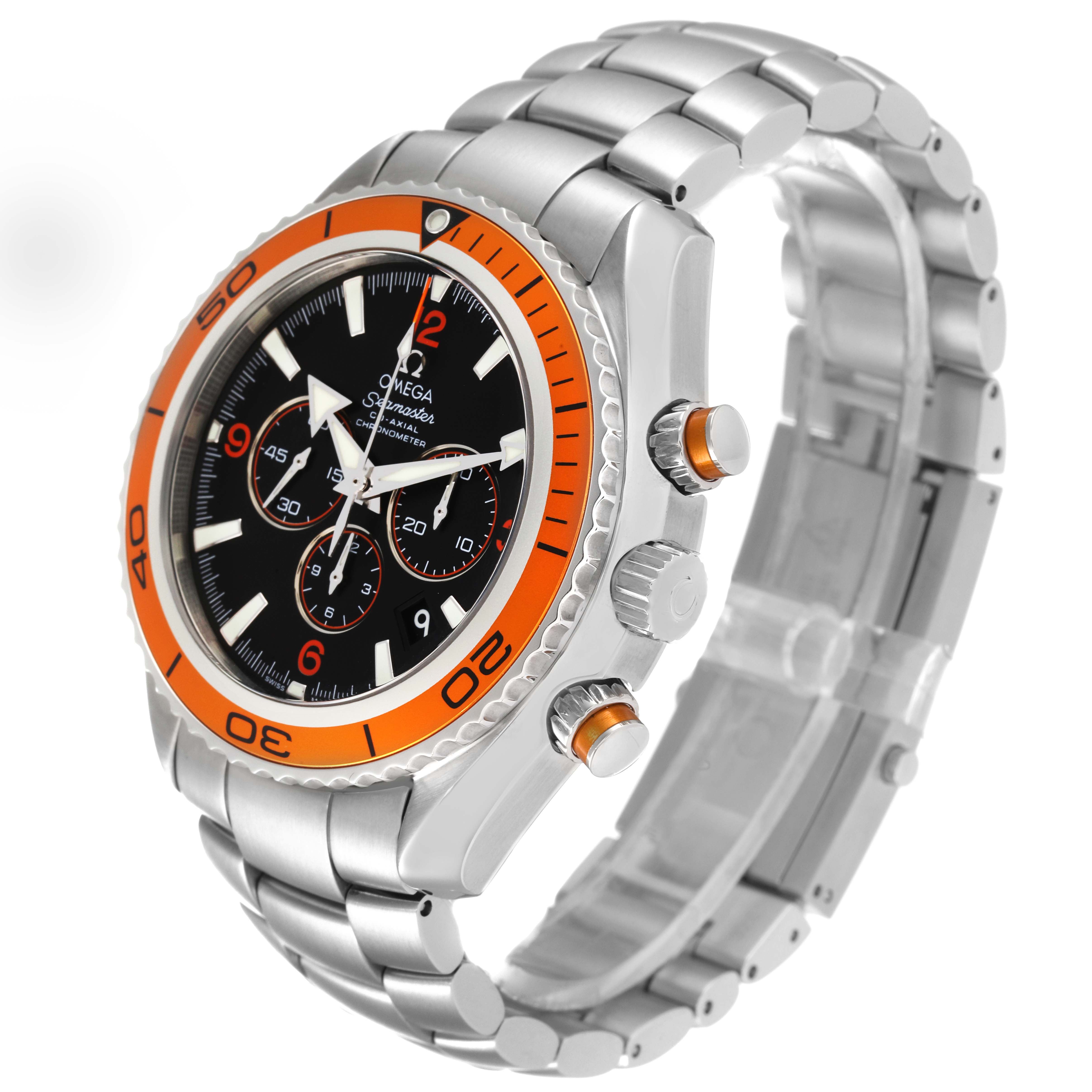 The image shows an Omega Planet Ocean 2218.50.00 Men
s Stainless Steel Black Dial 2218.50.00 Men
s Stainless Steel Black Dial watch at a three-quarter angle, highlighting the face, bezel, crown, and bracelet.