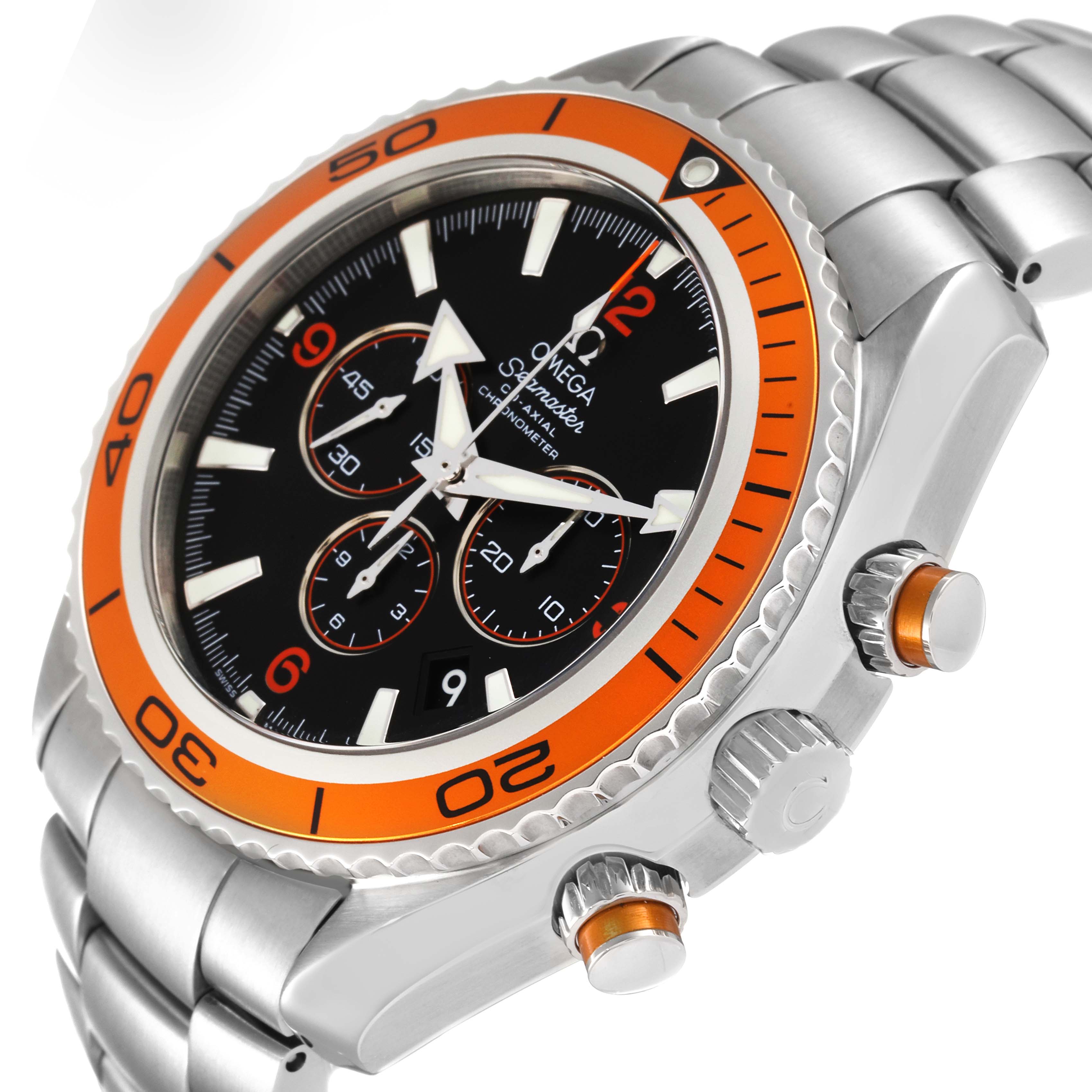 The Omega Planet Ocean 2218.50.00 Men
s Stainless Steel Black Dial 2218.50.00 Men
s Stainless Steel Black Dial watch is shown at an oblique angle, highlighting its face, bezel, case, and bracelet.