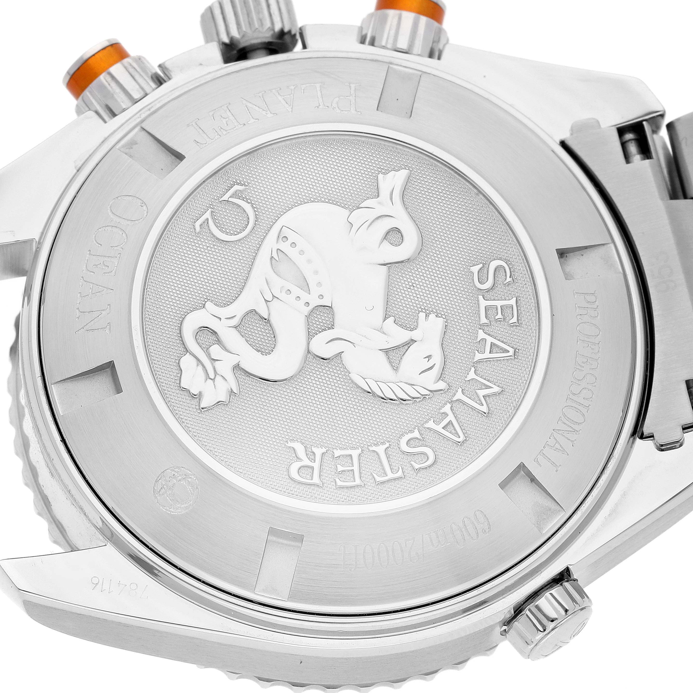 The image shows the case back of an Omega Seamaster Planet Ocean watch from a slightly angled view.