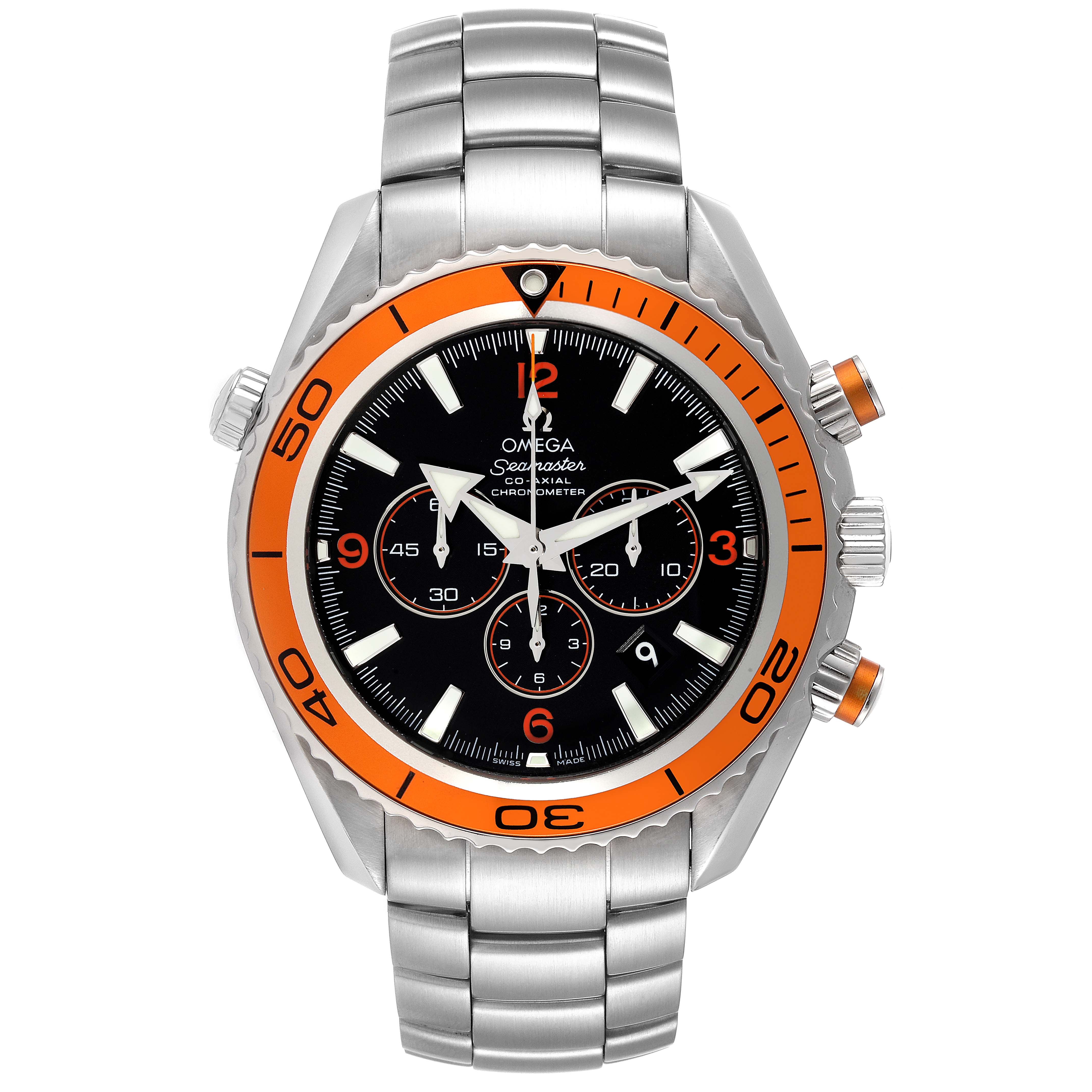 The Omega Planet Ocean 2218.50.00 Men
s Stainless Steel Black Dial 2218.50.00 Men
s Stainless Steel Black Dial watch is shown in a front view angle, displaying its orange bezel, chronograph, and stainless steel bracelet.