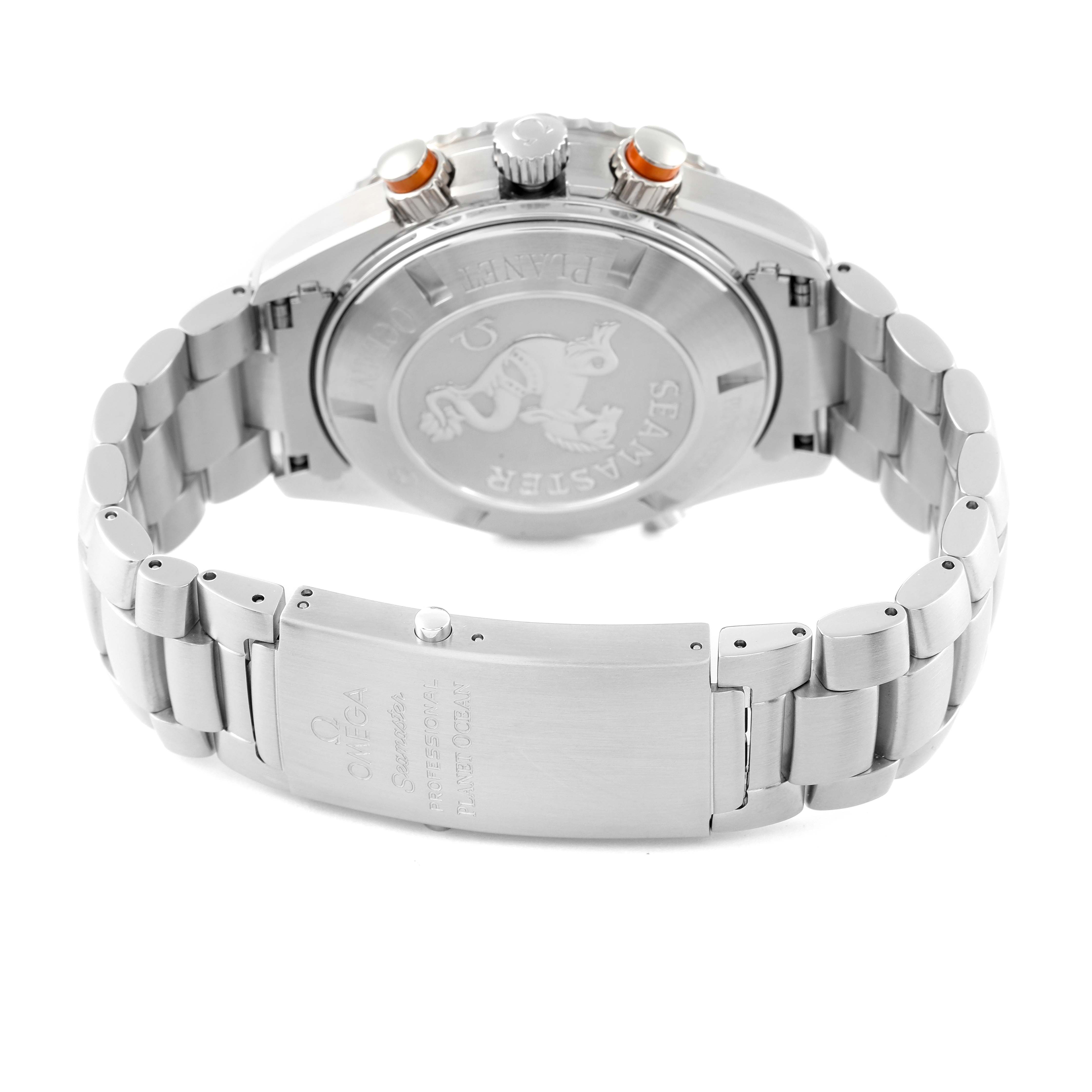 The image shows the back and bracelet of the Omega Planet Ocean 2218.50.00 Men
s Stainless Steel Black Dial 2218.50.00 Men
s Stainless Steel Black Dial watch, highlighting the case back and clasp.