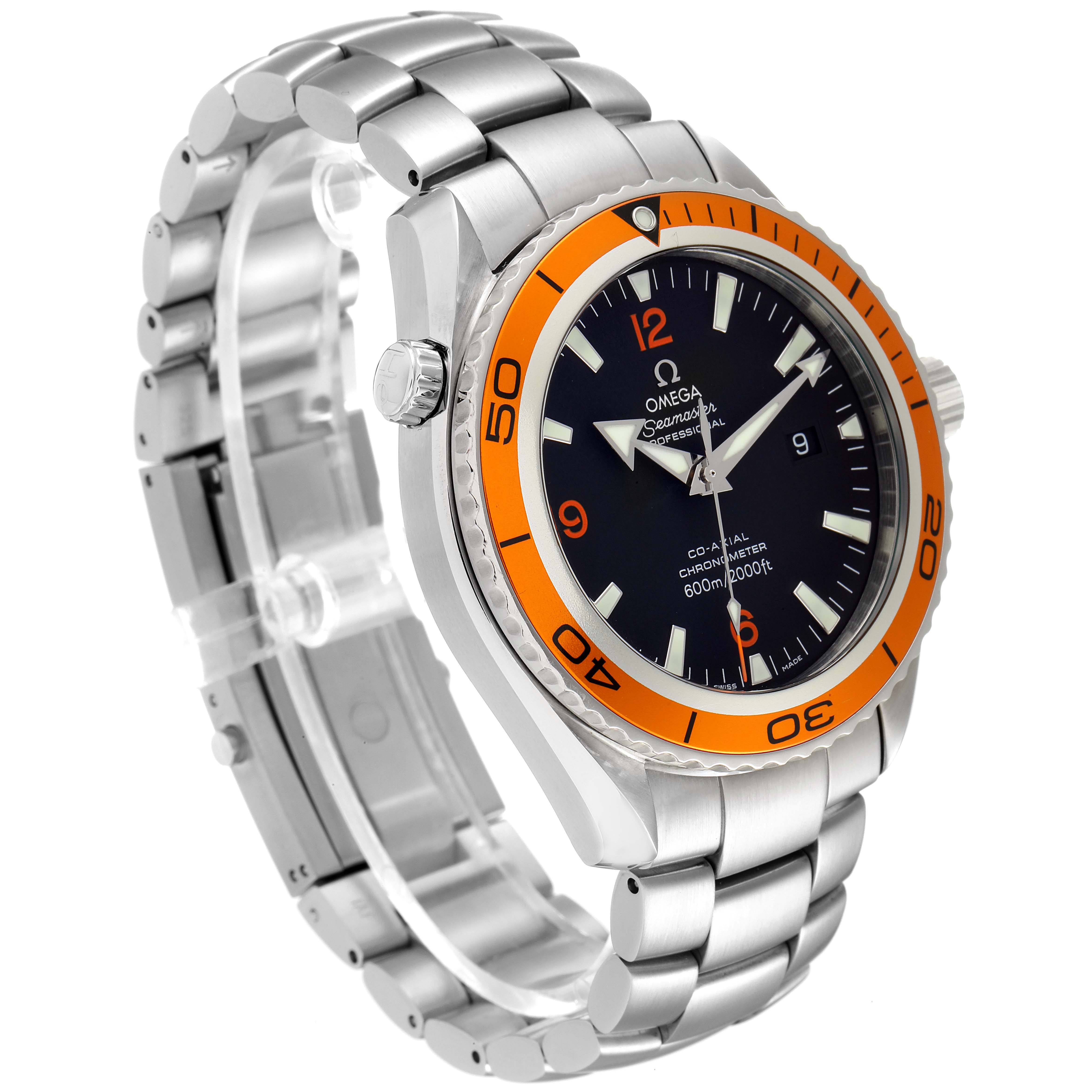 The Omega Planet Ocean 2208.50.00 Men's Stainless Steel Black Dial 2208.50.00 Men's Stainless Steel Black Dial watch is shown at a three-quarter angle, highlighting its stainless steel bracelet and orange bezel.