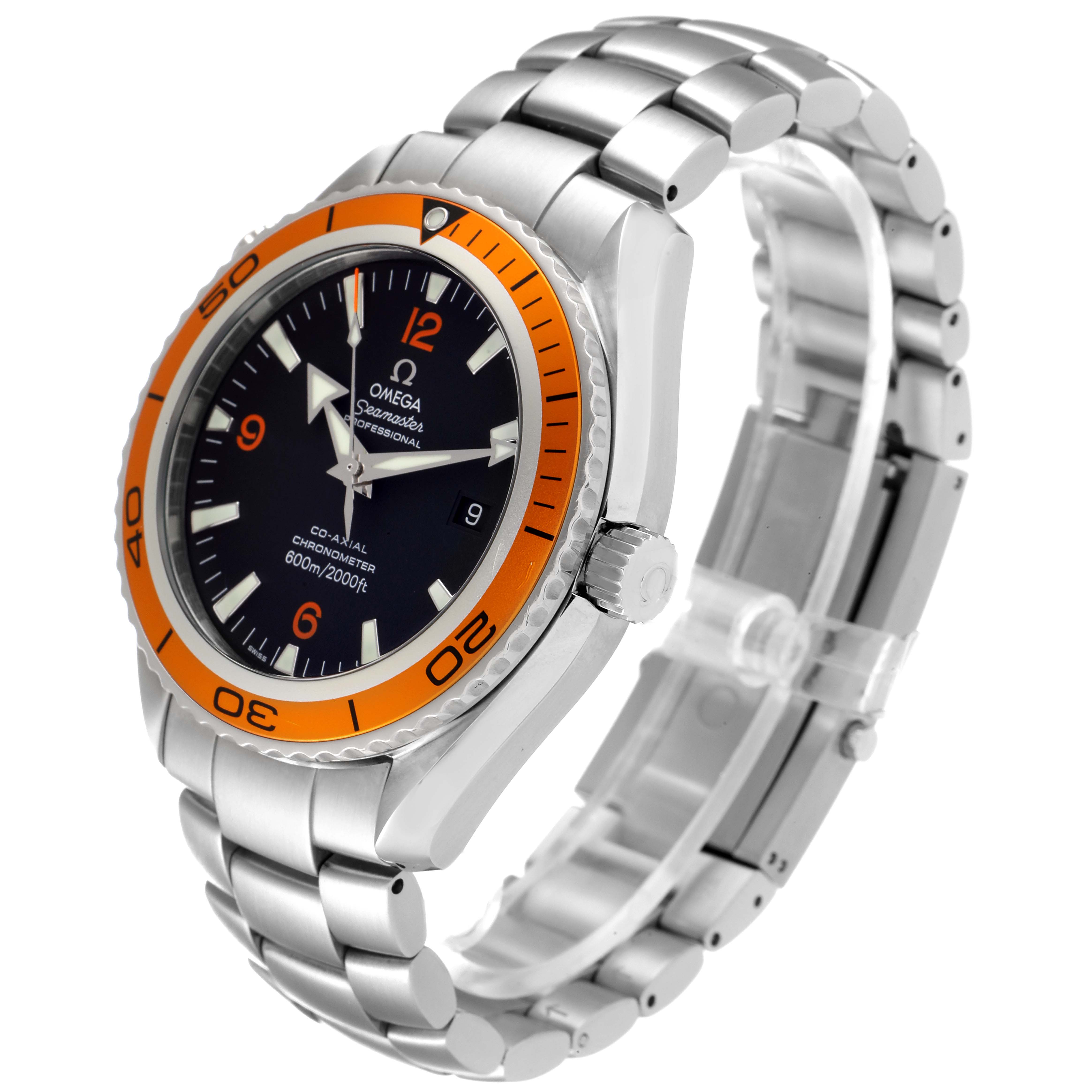 The Omega Planet Ocean 2208.50.00 Men's Stainless Steel Black Dial 2208.50.00 Men's Stainless Steel Black Dial watch is shown at a three-quarter angle, highlighting the dial, bezel, and bracelet.