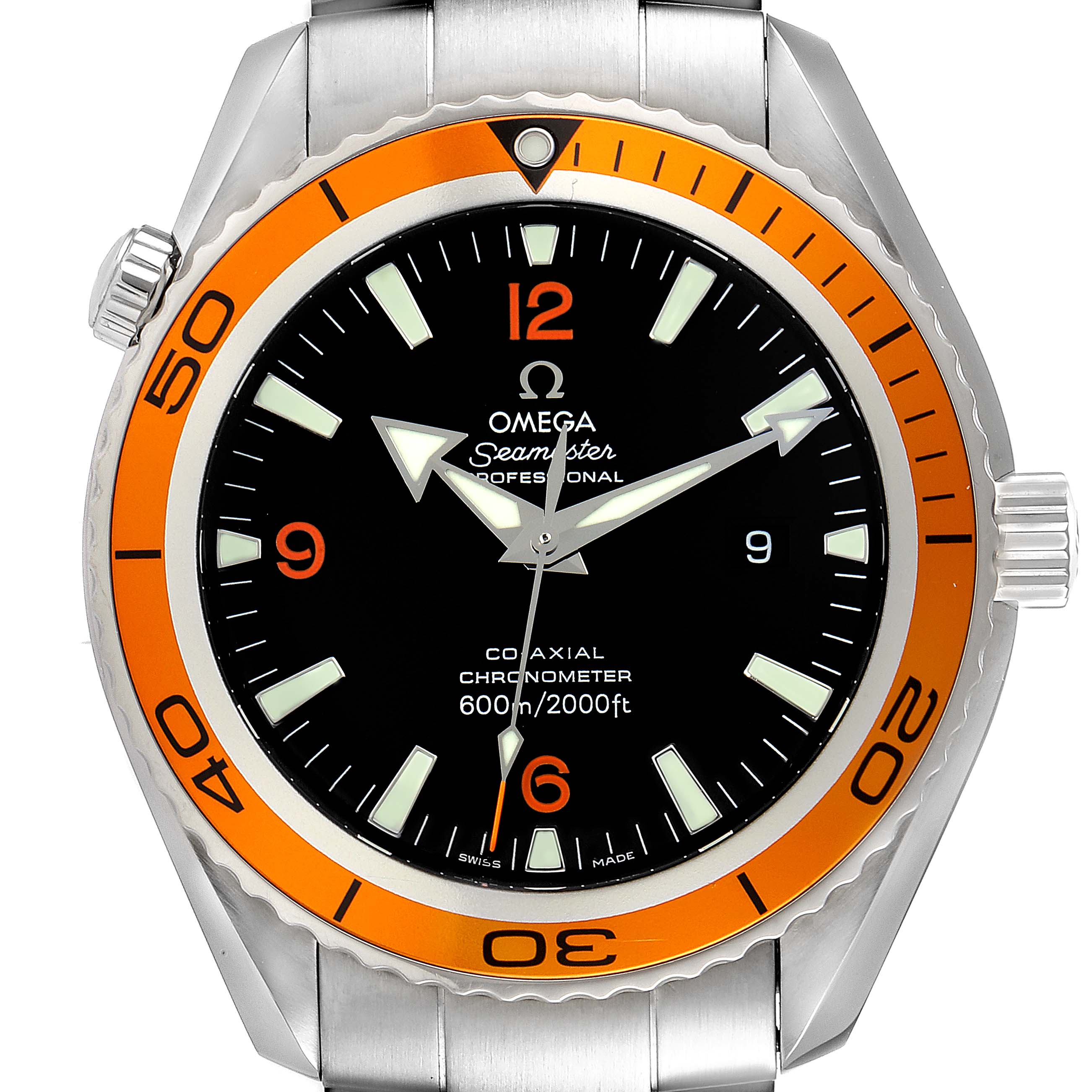 The image shows a frontal view of the Omega Planet Ocean 2208.50.00 Men's Stainless Steel Black Dial 2208.50.00 Men's Stainless Steel Black Dial, highlighting its orange bezel and black dial.