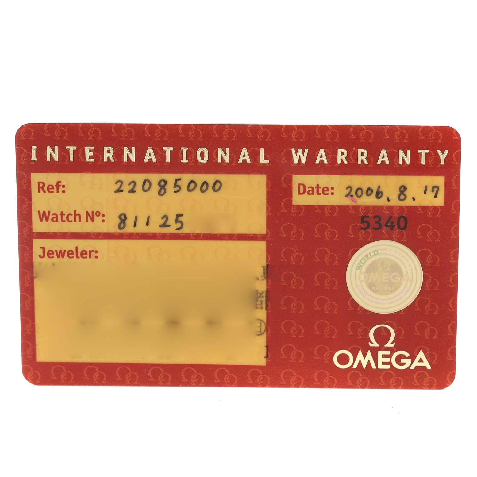 The image shows the International Warranty Card for the Omega Planet Ocean 2208.50.00 Men's Stainless Steel Black Dial 2208.50.00 Men's Stainless Steel Black Dial model watch.