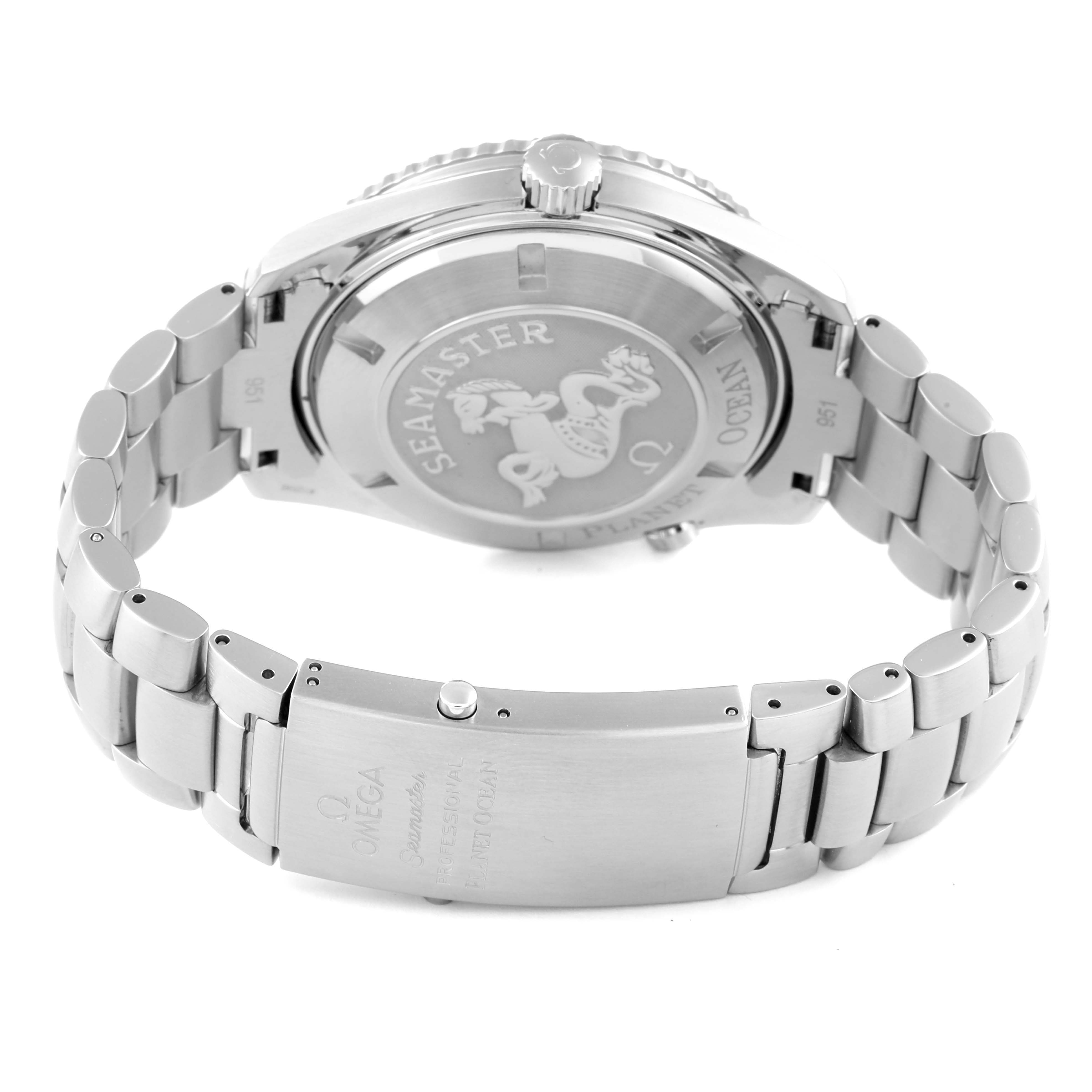 The image shows the back view of the Omega Planet Ocean 2208.50.00 Men's Stainless Steel Black Dial 2208.50.00 Men's Stainless Steel Black Dial Seamaster watch, highlighting the clasp and bracelet.