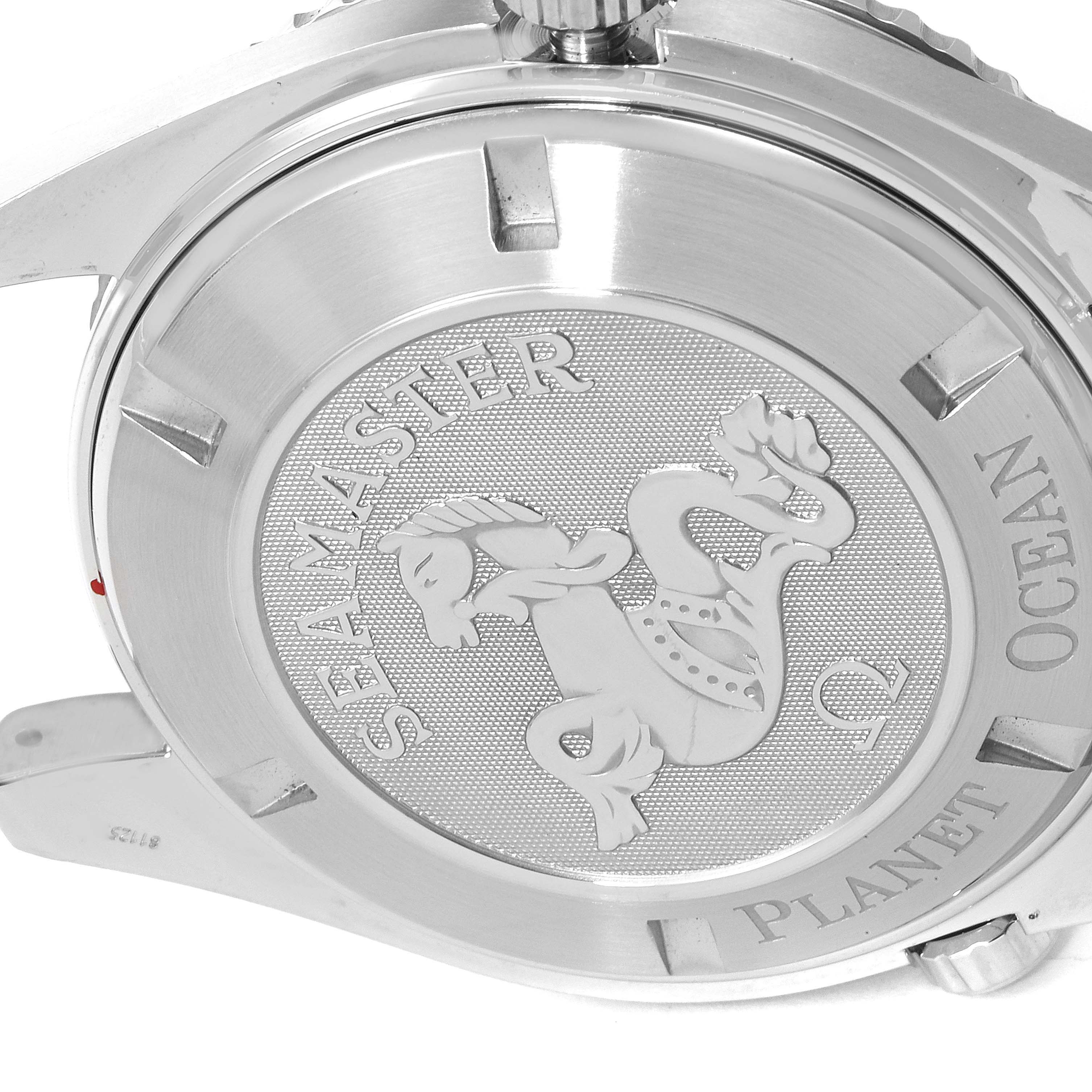 This image shows the case back of the Omega Seamaster Planet Ocean watch at an angled top-down view.