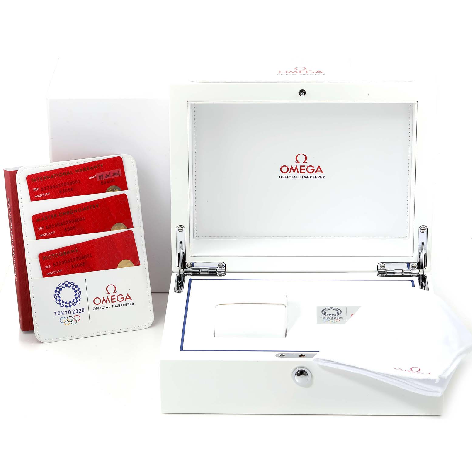 The image shows an open Omega Seamaster 522.30.42.20.04.001 Men's Stainless Steel White Dial 522.30.42.20.04.001 Men's Stainless Steel White Dial box with warranty cards and a cleaning cloth, highlighting the box's interior.