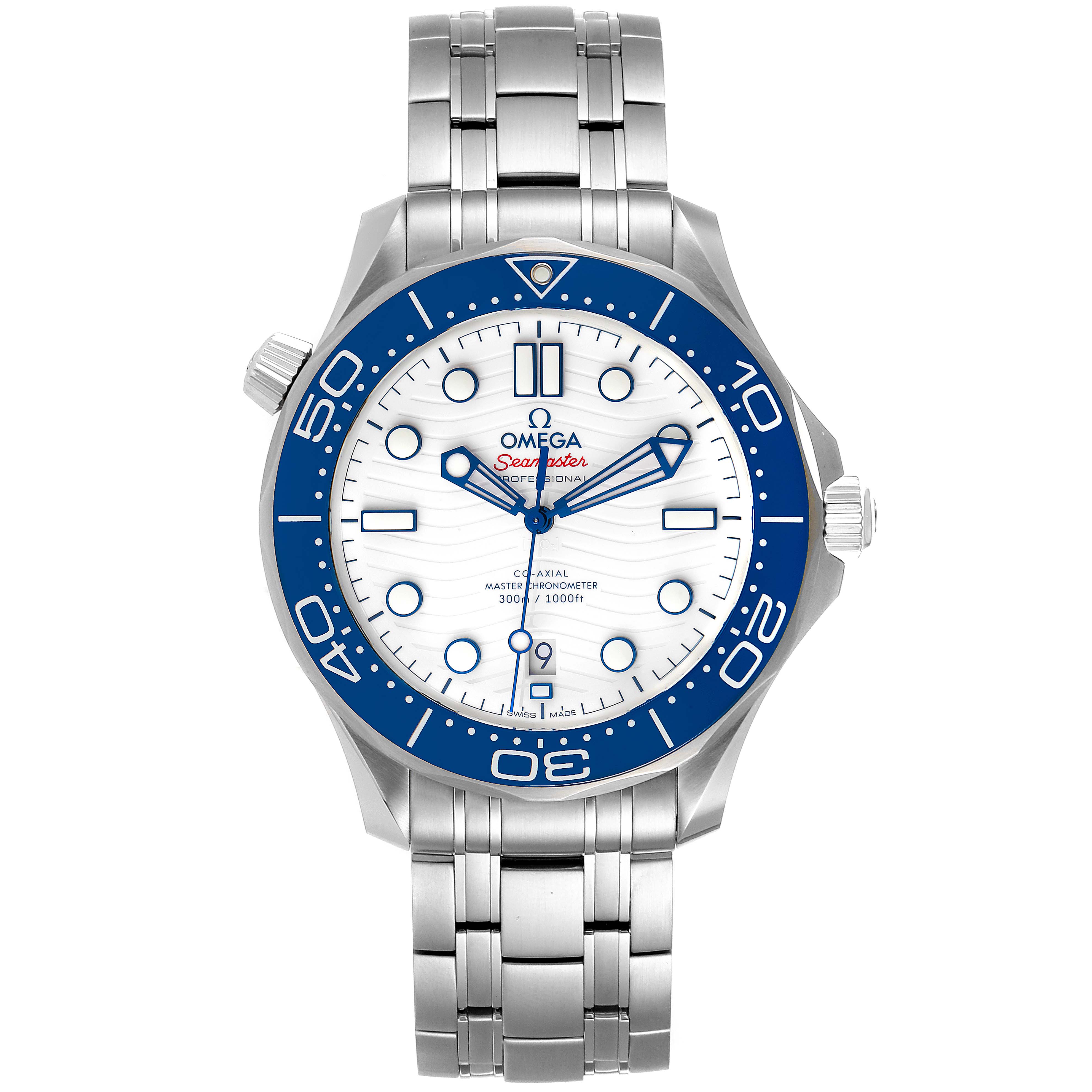 The image shows a front view of the Omega Seamaster 522.30.42.20.04.001 Men's Stainless Steel White Dial 522.30.42.20.04.001 Men's Stainless Steel White Dial watch, highlighting its blue bezel, white dial, and stainless steel bracelet.