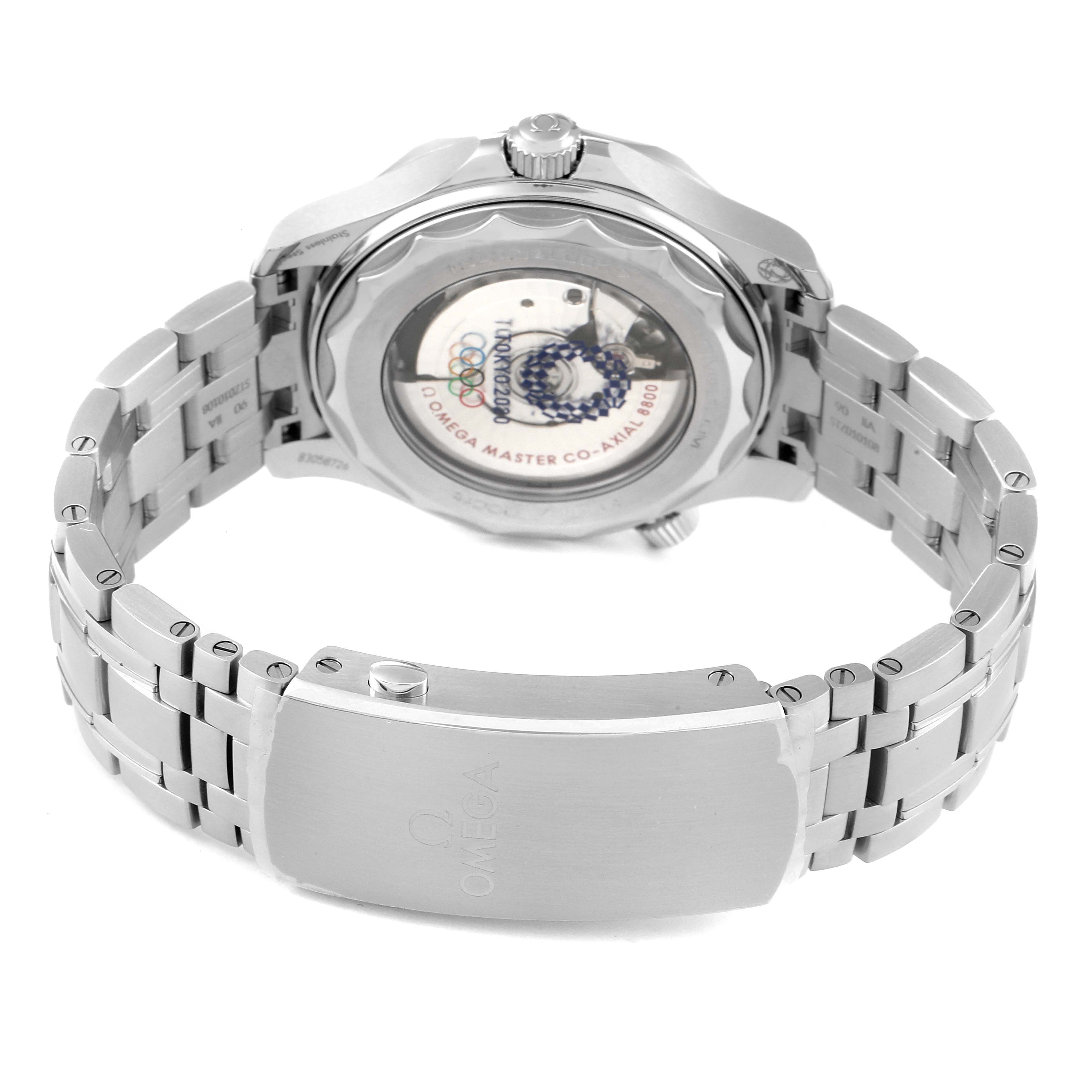 The image shows the back view of an Omega Seamaster 522.30.42.20.04.001 Men's Stainless Steel White Dial 522.30.42.20.04.001 Men's Stainless Steel White Dial watch, focusing on the metal bracelet and the transparent case back.