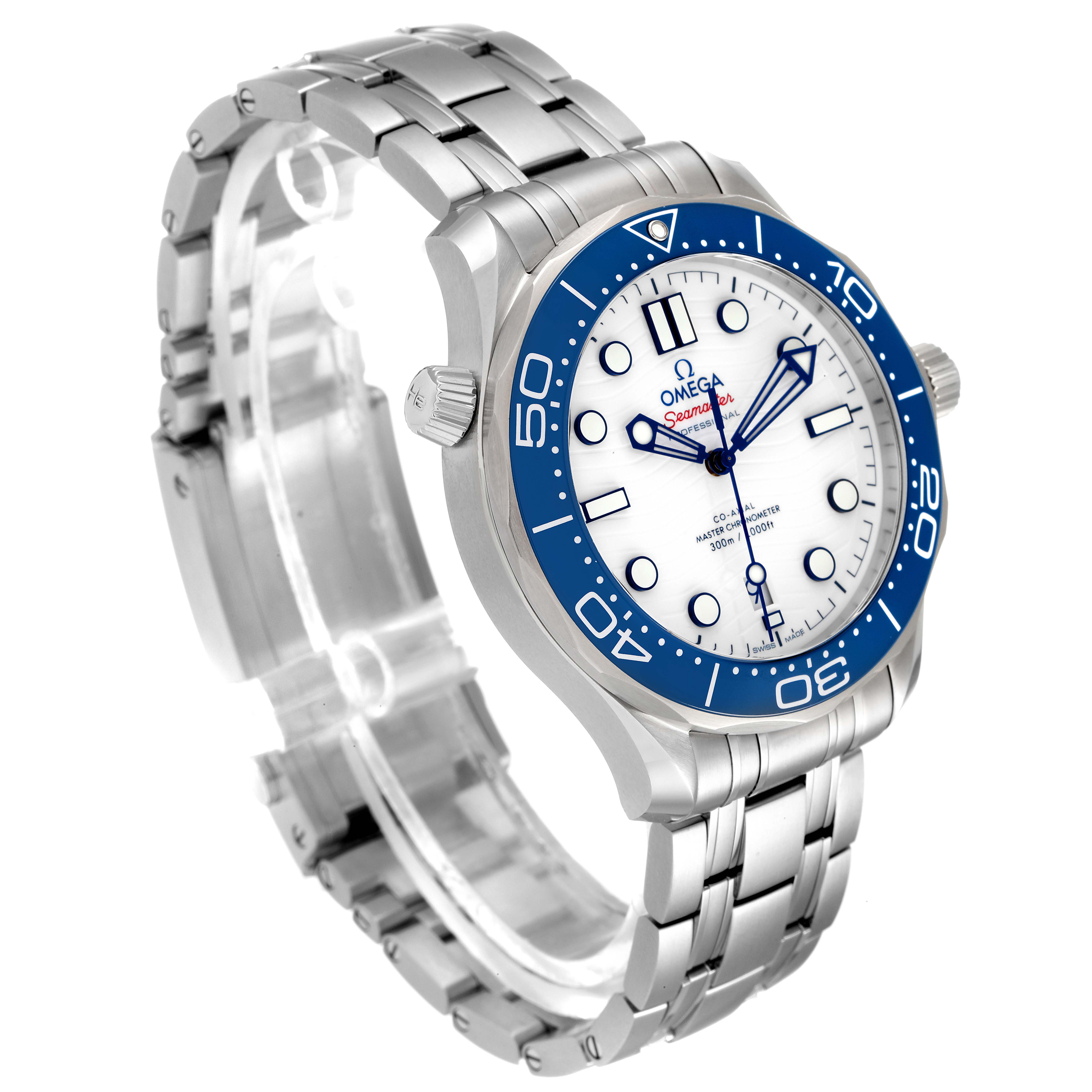 The image shows an Omega Seamaster 522.30.42.20.04.001 Men's Stainless Steel White Dial 522.30.42.20.04.001 Men's Stainless Steel White Dial watch from an angled side view, highlighting its face, bezel, and metal bracelet.