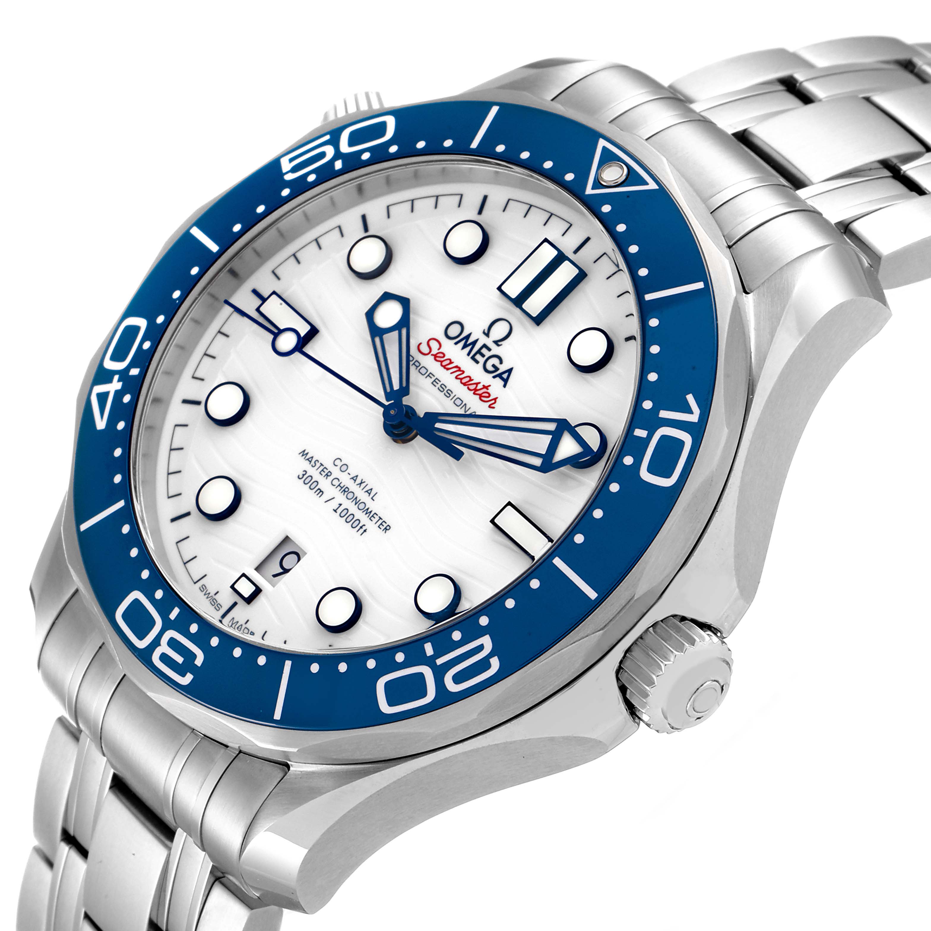 The image shows an Omega Seamaster 522.30.42.20.04.001 Men's Stainless Steel White Dial 522.30.42.20.04.001 Men's Stainless Steel White Dial watch from a front angle, highlighting its blue bezel, white dial, and stainless steel bracelet.