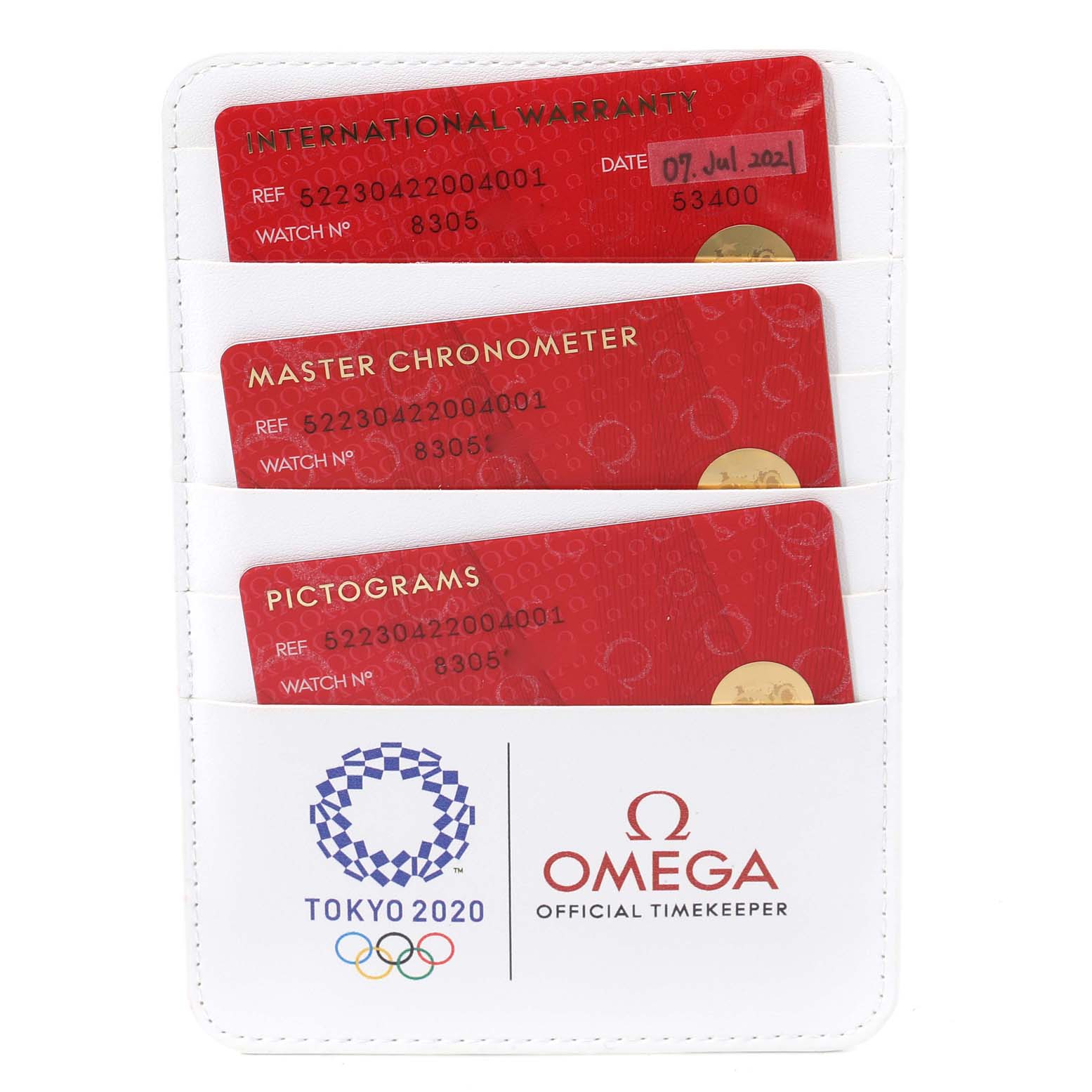 This image shows the warranty and certification cards for the Omega Seamaster 522.30.42.20.04.001 Men's Stainless Steel White Dial 522.30.42.20.04.001 Men's Stainless Steel White Dial watch, contained in a white cardholder.
