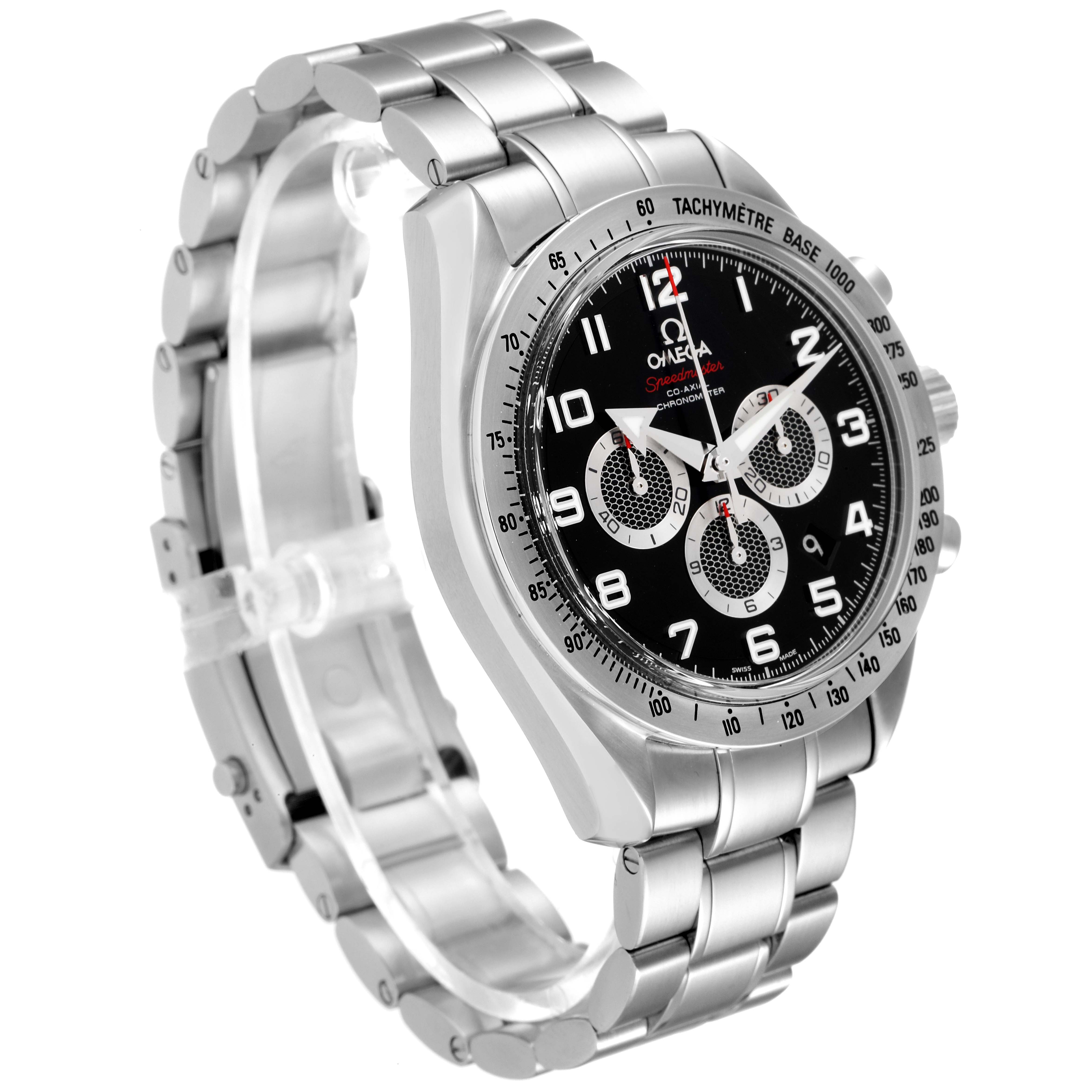 This image shows a side angle view of an Omega Speedmaster 321.10.44.50.01.001 Men
s Stainless Steel Black Dial 321.10.44.50.01.001 Men
s Stainless Steel Black Dial watch displaying its stainless steel case, bracelet, and black dial.