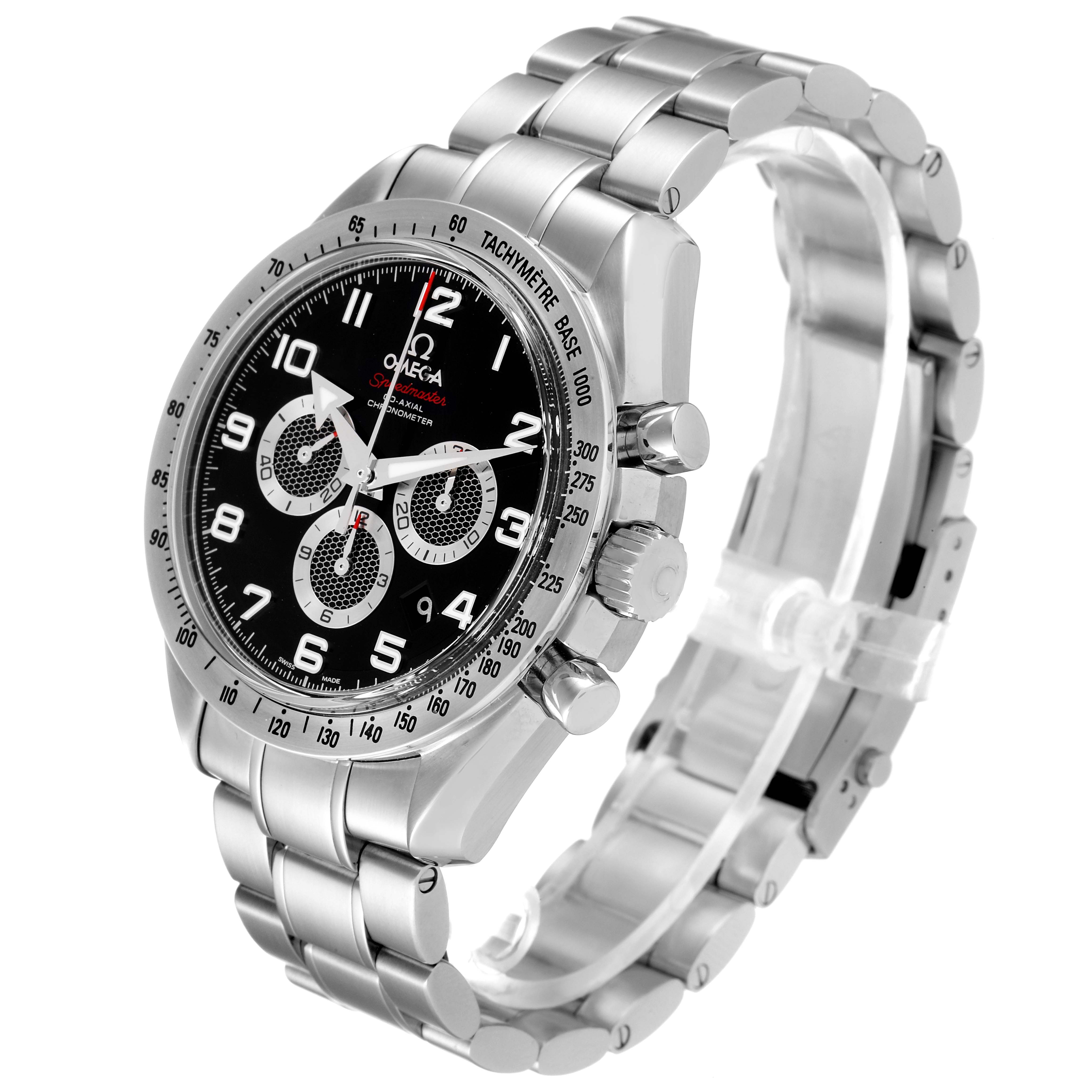 This Omega Speedmaster 321.10.44.50.01.001 Men
s Stainless Steel Black Dial 321.10.44.50.01.001 Men
s Stainless Steel Black Dial watch is shown from a three-quarter angle, highlighting its stainless steel bracelet, bezel, and dial.