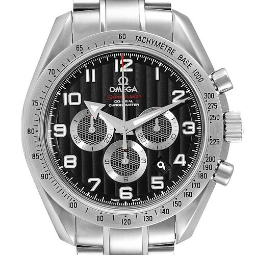 This image shows a frontal view of the Omega Speedmaster watch featuring its dial, tachymeter bezel, and part of the bracelet.