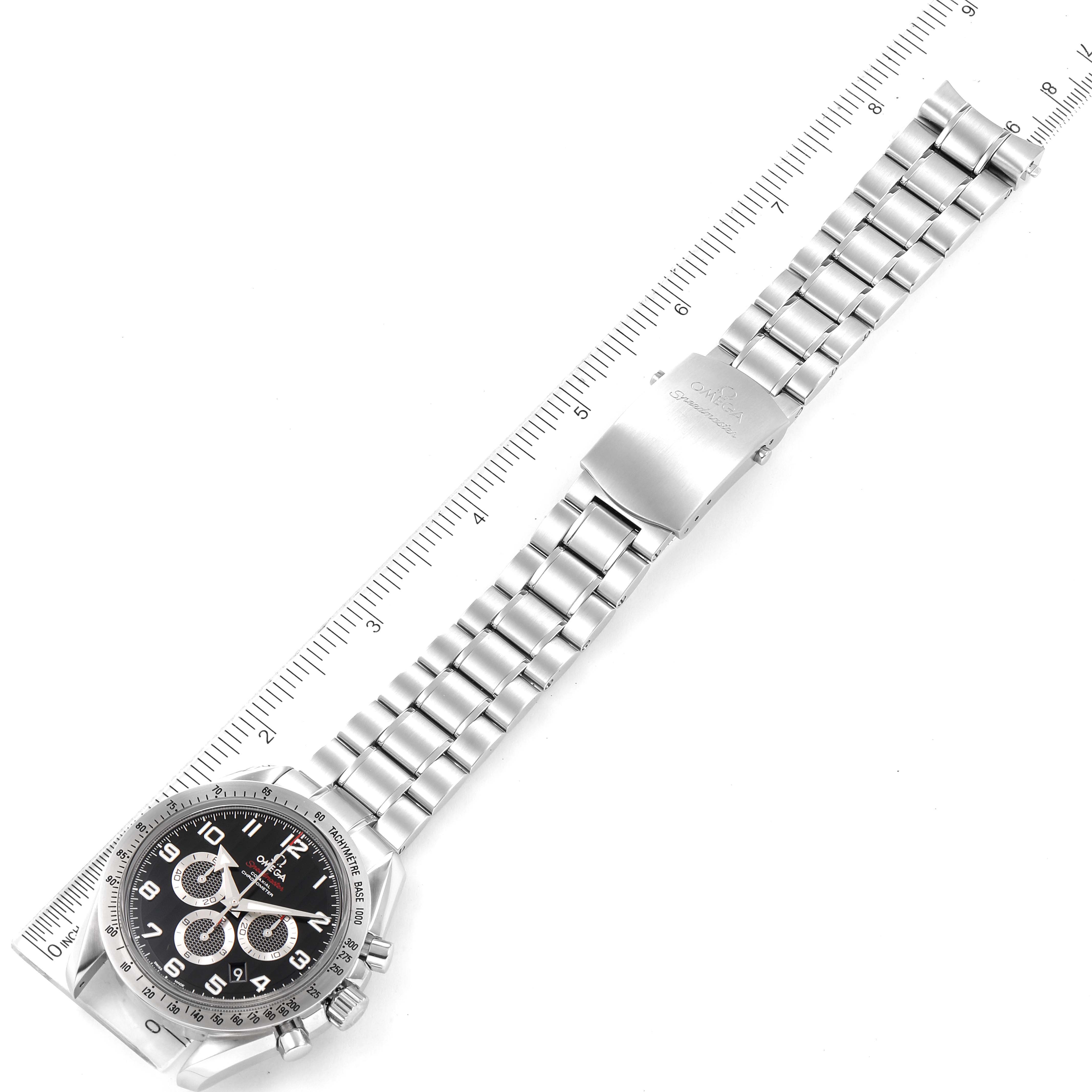 The Omega Speedmaster 321.10.44.50.01.001 Men
s Stainless Steel Black Dial 321.10.44.50.01.001 Men
s Stainless Steel Black Dial watch is shown from the top, displaying the face and full length of the metal bracelet.