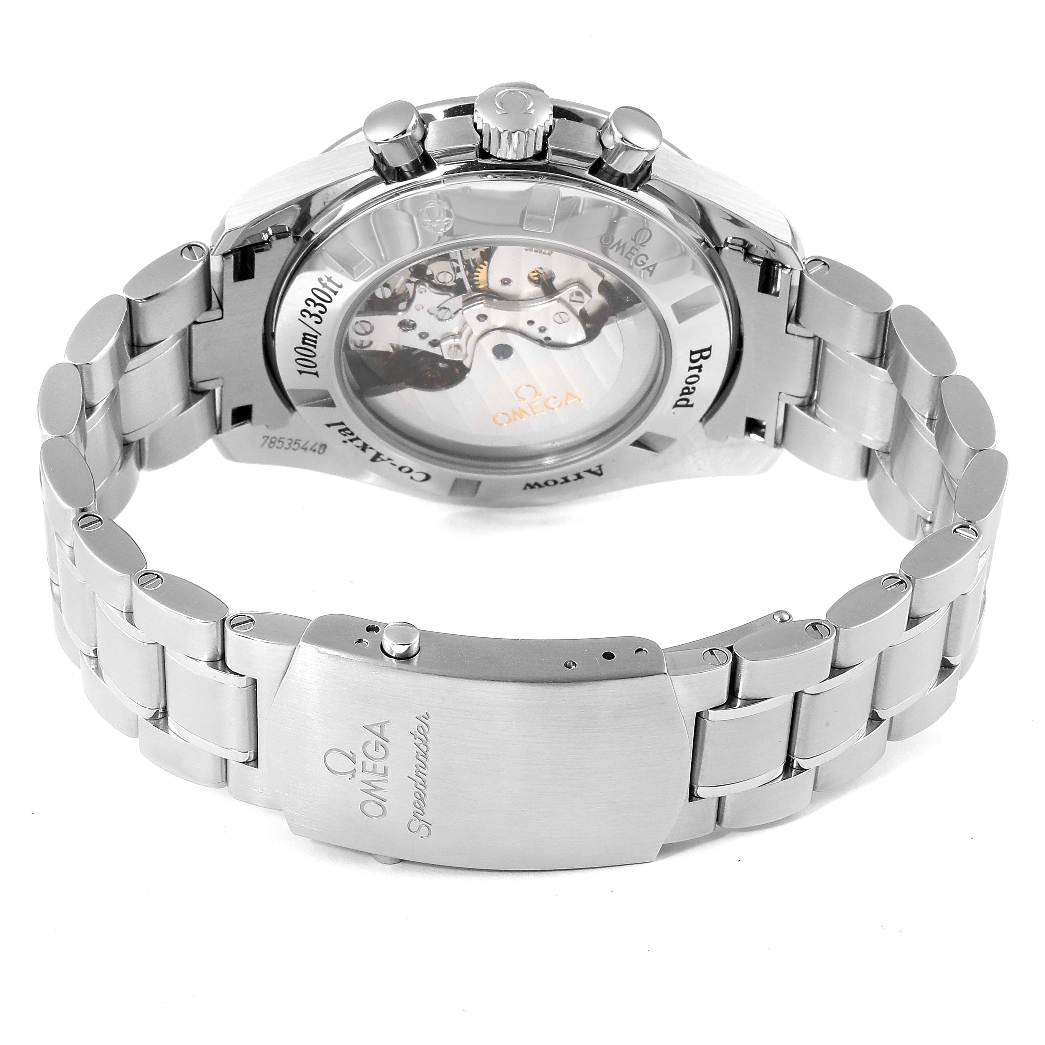 The image shows the back view of an Omega Speedmaster 321.10.44.50.01.001 Men
s Stainless Steel Black Dial 321.10.44.50.01.001 Men
s Stainless Steel Black Dial watch, highlighting its transparent caseback and metal bracelet.