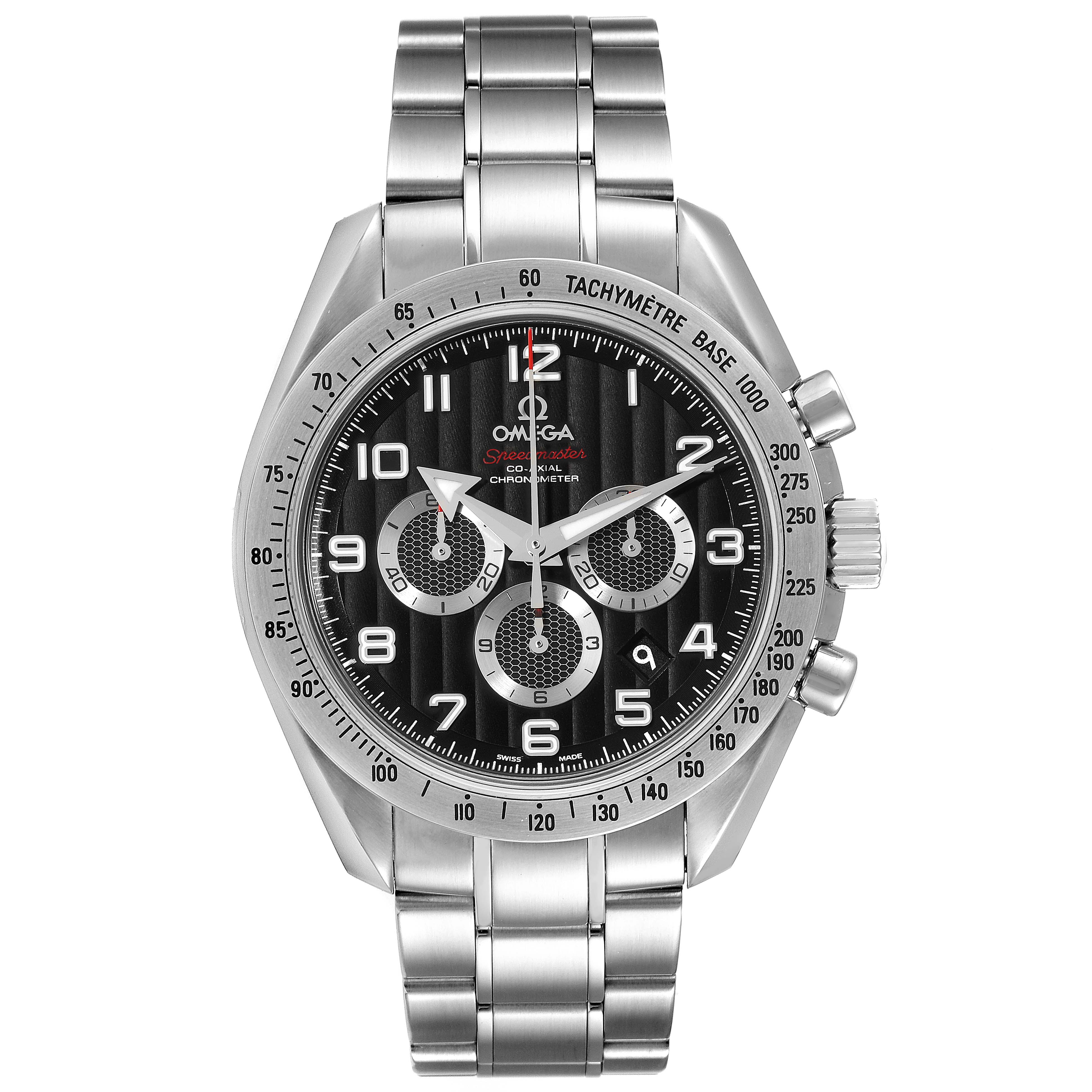 The Omega Speedmaster 321.10.44.50.01.001 Men
s Stainless Steel Black Dial 321.10.44.50.01.001 Men
s Stainless Steel Black Dial watch is shown from a front angle, displaying its face, bezel, and stainless steel bracelet.