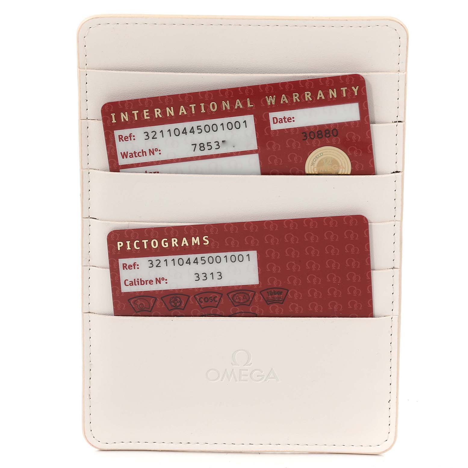 The image shows the warranty and pictogram cards for an Omega Speedmaster 321.10.44.50.01.001 Men
s Stainless Steel Black Dial 321.10.44.50.01.001 Men
s Stainless Steel Black Dial watch in a cardholder.