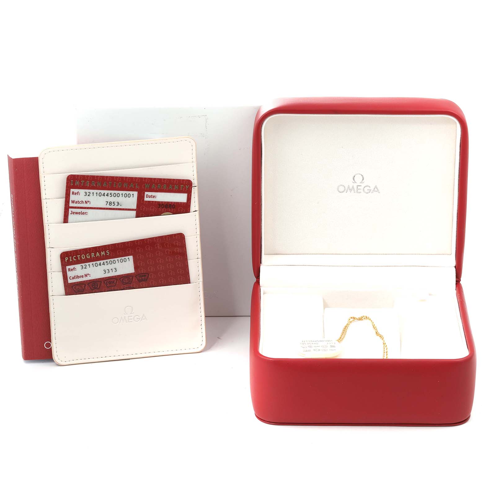 The image shows the packaging, cards, and accessories for an Omega Speedmaster 321.10.44.50.01.001 Men
s Stainless Steel Black Dial 321.10.44.50.01.001 Men
s Stainless Steel Black Dial watch, including the cardholder and watch box.