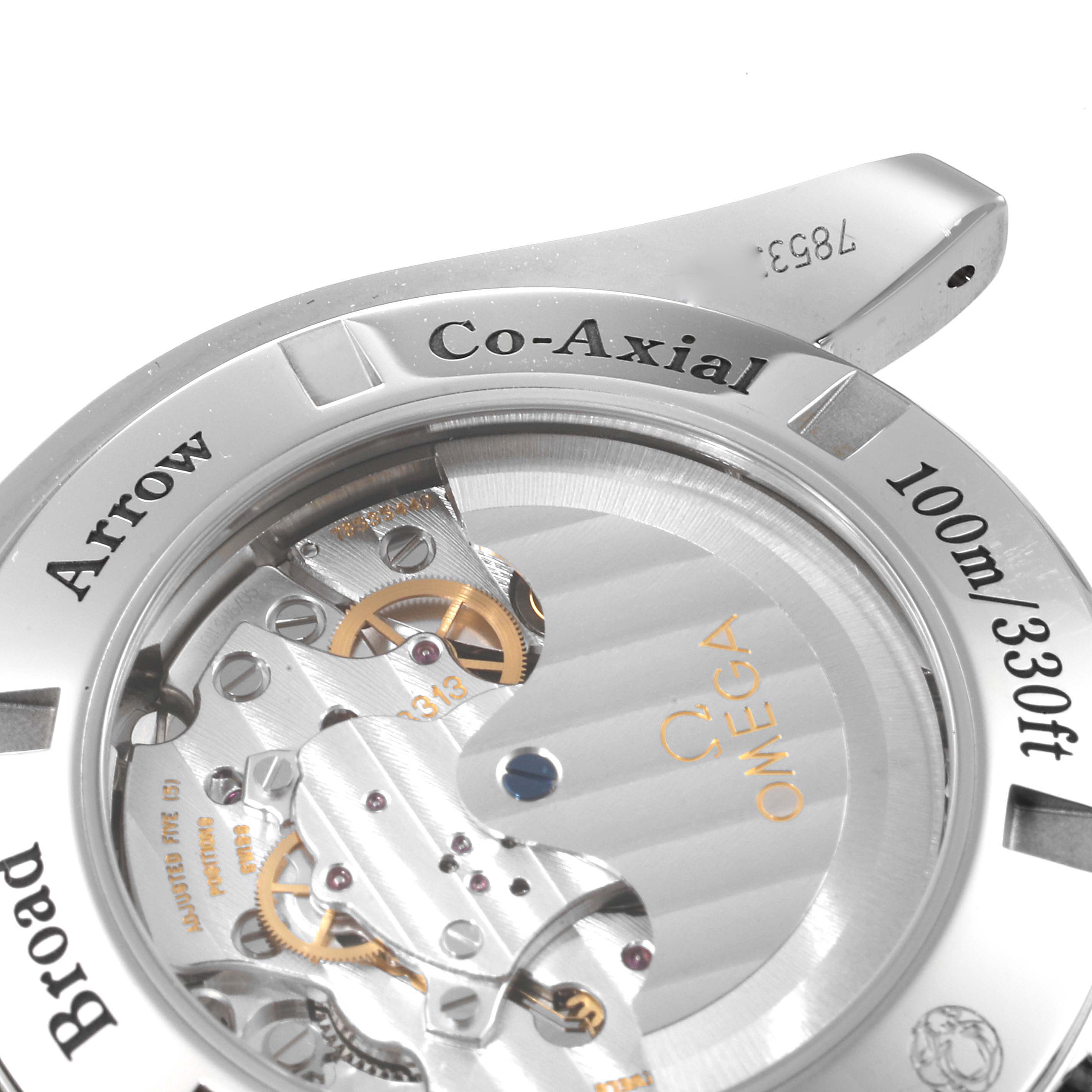 The image shows the case back and internal mechanism of an Omega Speedmaster 321.10.44.50.01.001 Men
s Stainless Steel Black Dial 321.10.44.50.01.001 Men
s Stainless Steel Black Dial Co-Axial watch.