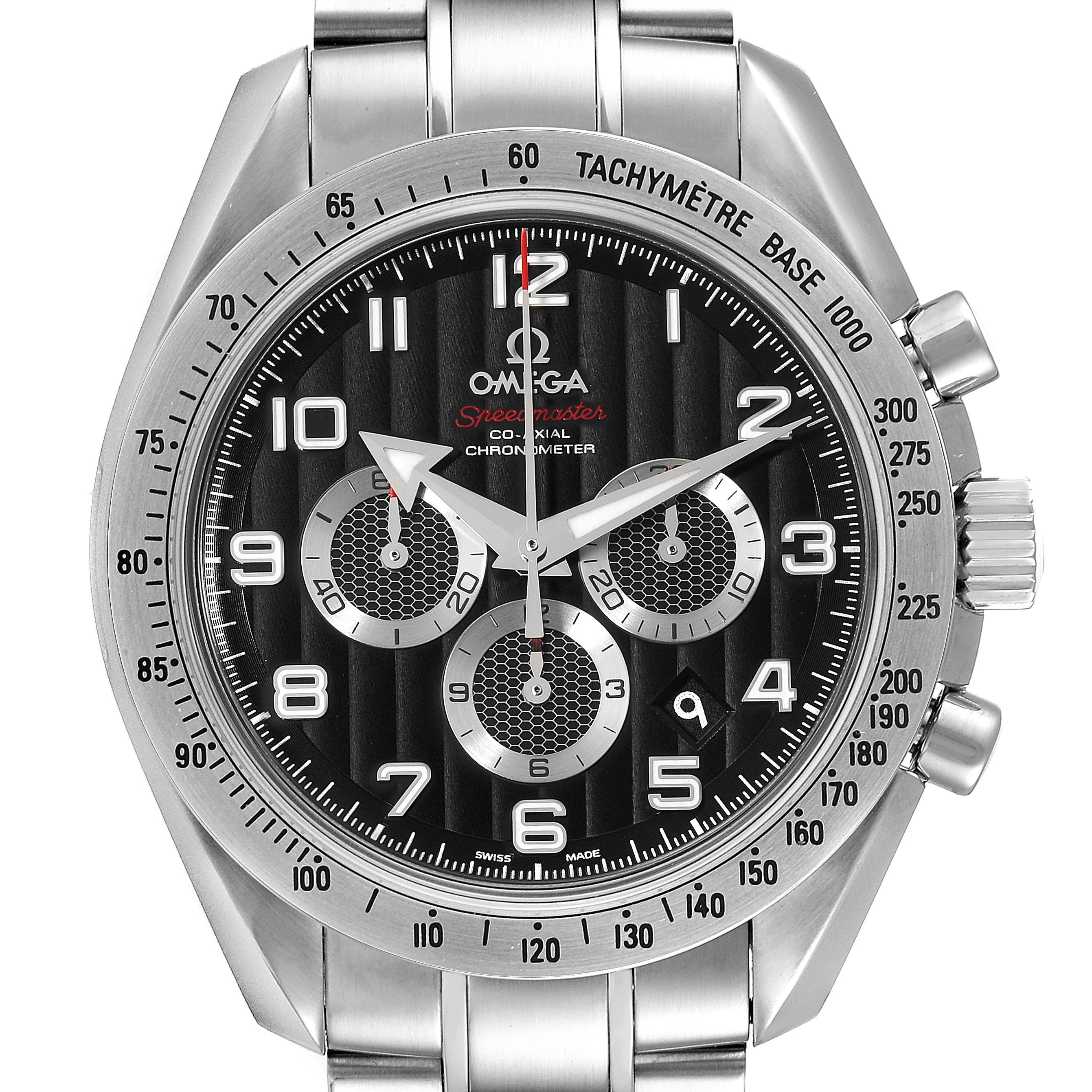 This image shows a front view of the Omega Speedmaster 321.10.44.50.01.001 Men
s Stainless Steel Black Dial 321.10.44.50.01.001 Men
s Stainless Steel Black Dial watch, highlighting the watch face, sub-dials, and tachymeter bezel.