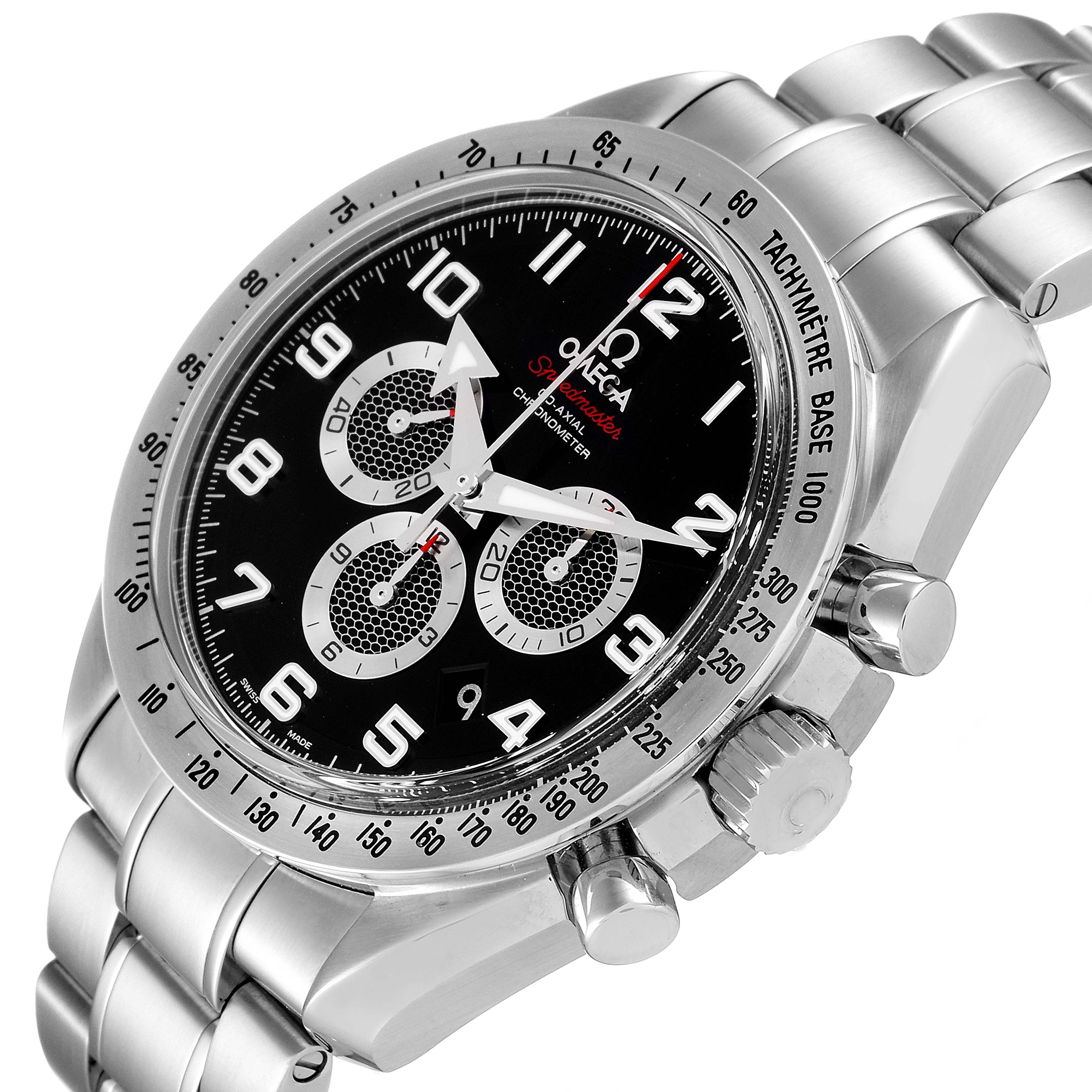 This image shows an Omega Speedmaster 321.10.44.50.01.001 Men
s Stainless Steel Black Dial 321.10.44.50.01.001 Men
s Stainless Steel Black Dial watch at a three-quarter angle, highlighting the face, bezel, chronograph dials, and pushers.