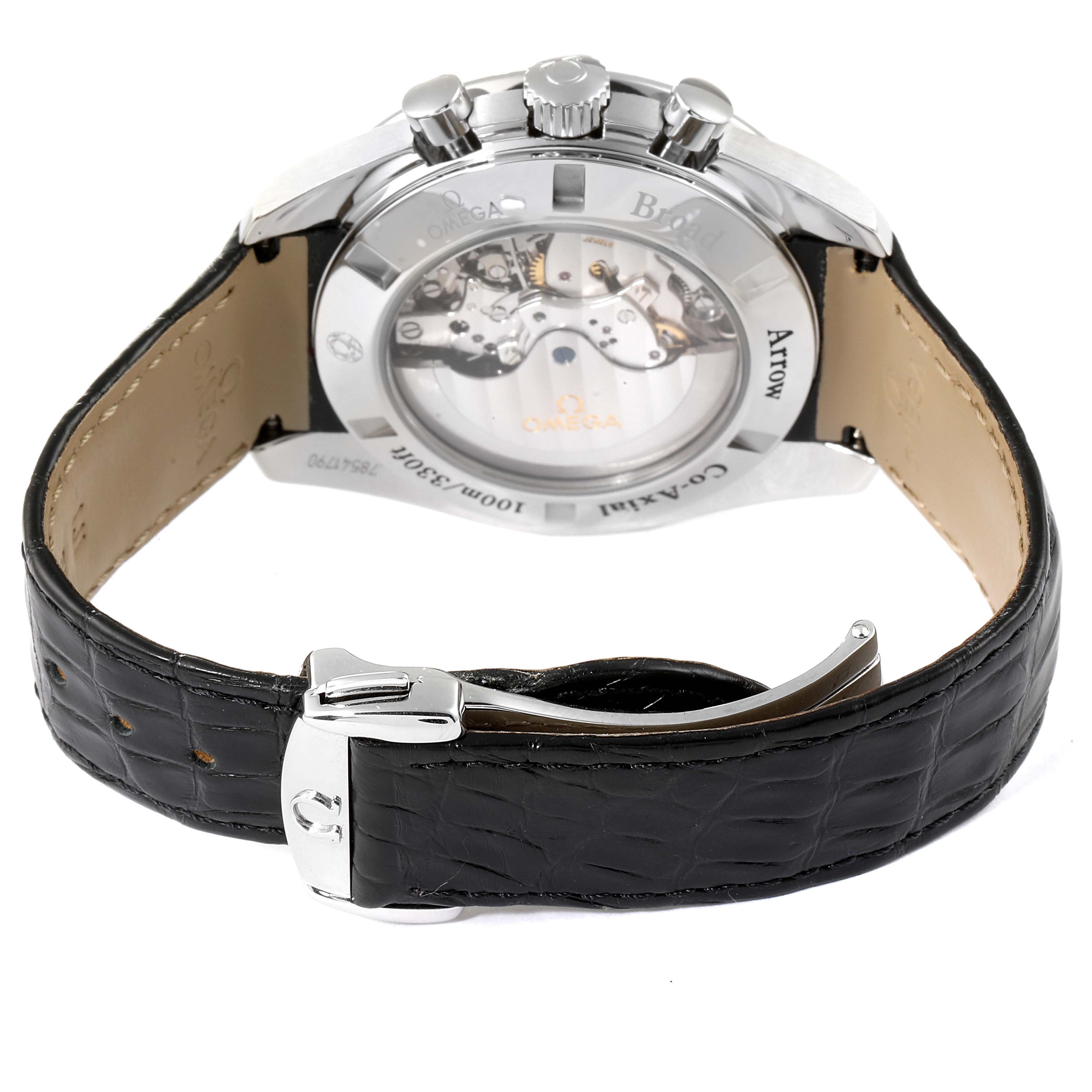 The image shows the back view of an Omega Speedmaster 321.13.44.50.01.001 Men's Stainless Steel Black Dial 321.13.44.50.01.001 Men's Stainless Steel Black Dial watch, highlighting the transparent case back and black leather strap.