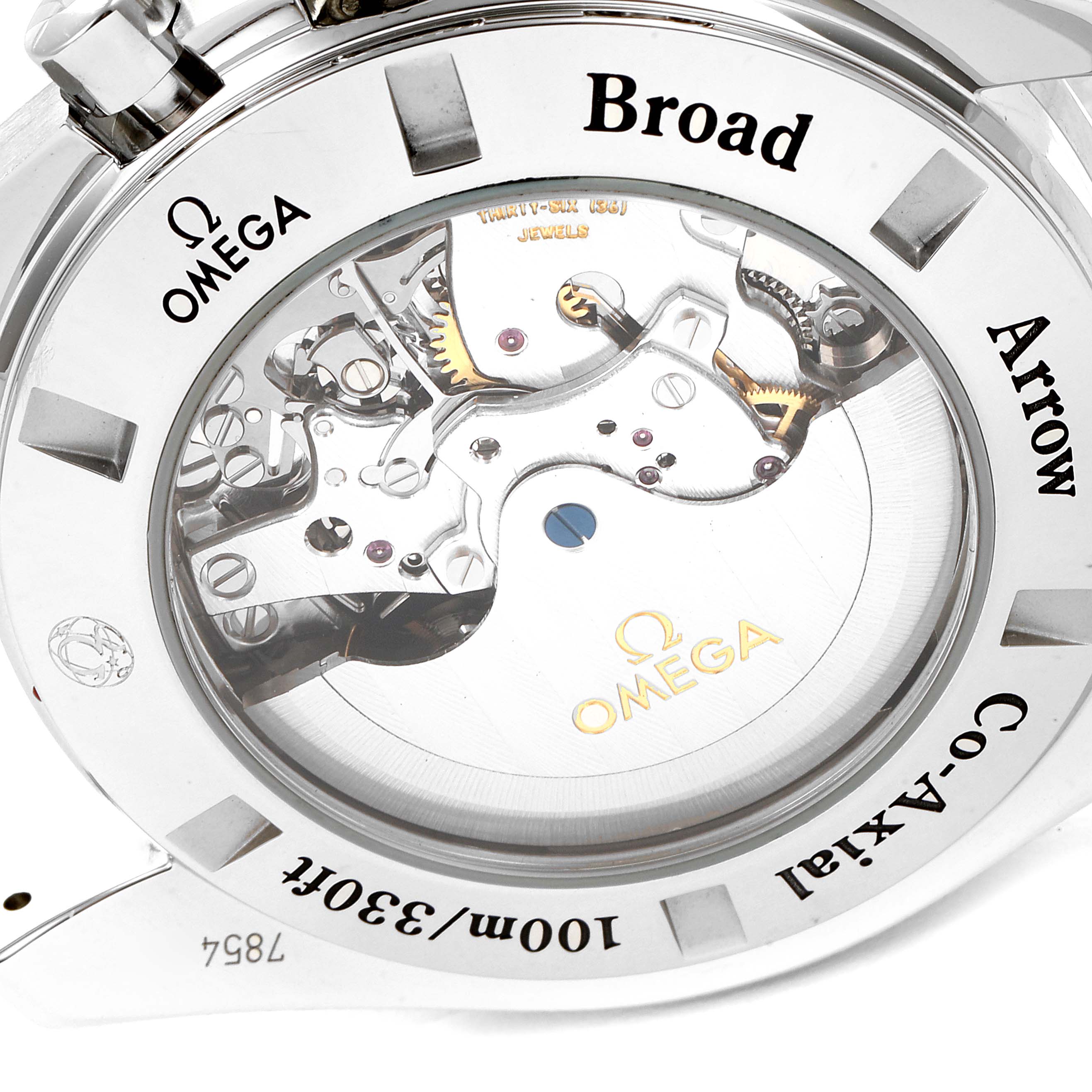 This image shows the back view of an Omega Speedmaster 321.13.44.50.01.001 Men's Stainless Steel Black Dial 321.13.44.50.01.001 Men's Stainless Steel Black Dial Broad Arrow Co-Axial watch, highlighting its internal mechanism.