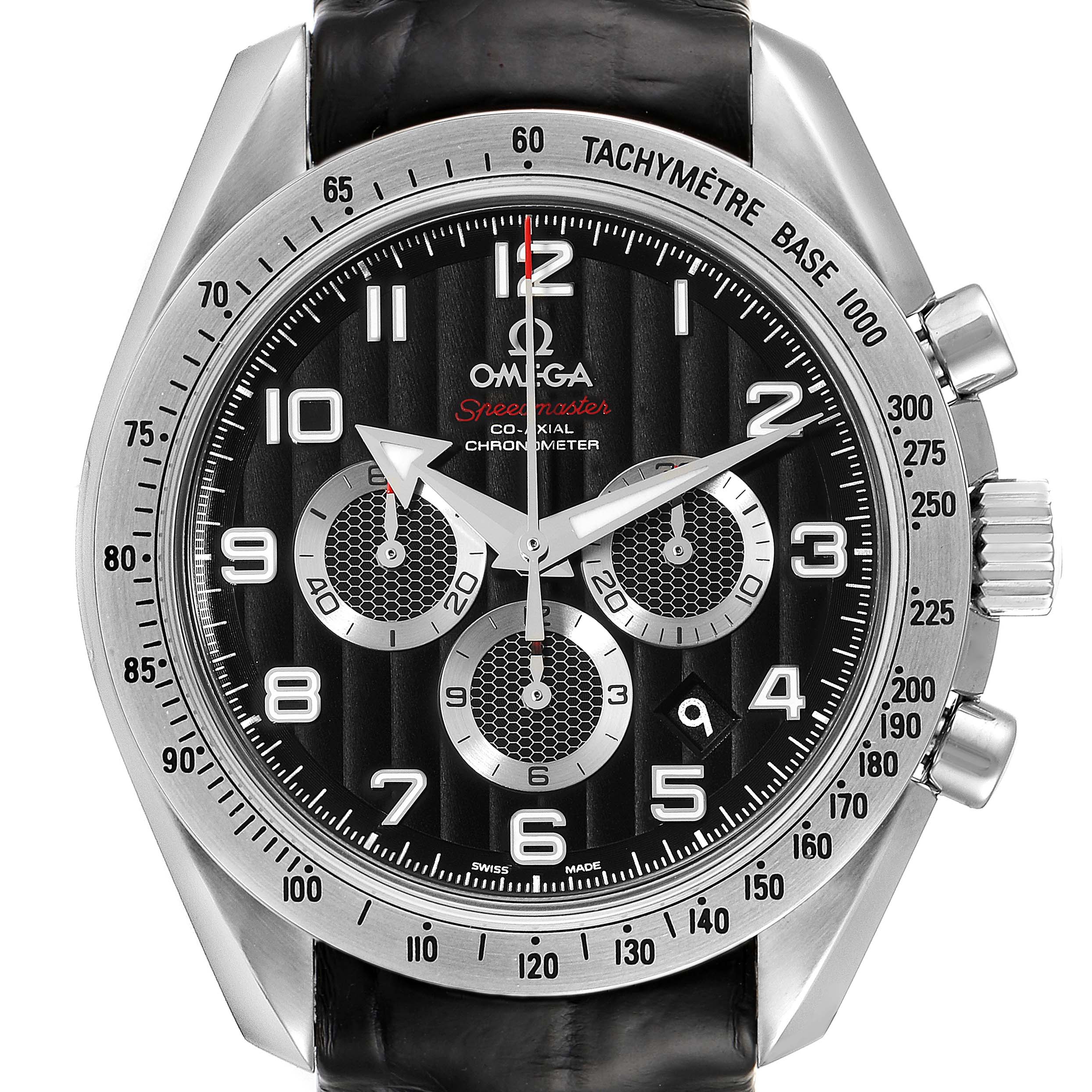 The image shows a frontal view of the Omega Speedmaster 321.13.44.50.01.001 Men's Stainless Steel Black Dial 321.13.44.50.01.001 Men's Stainless Steel Black Dial watch, highlighting its dial, tachymeter bezel, and subdials.