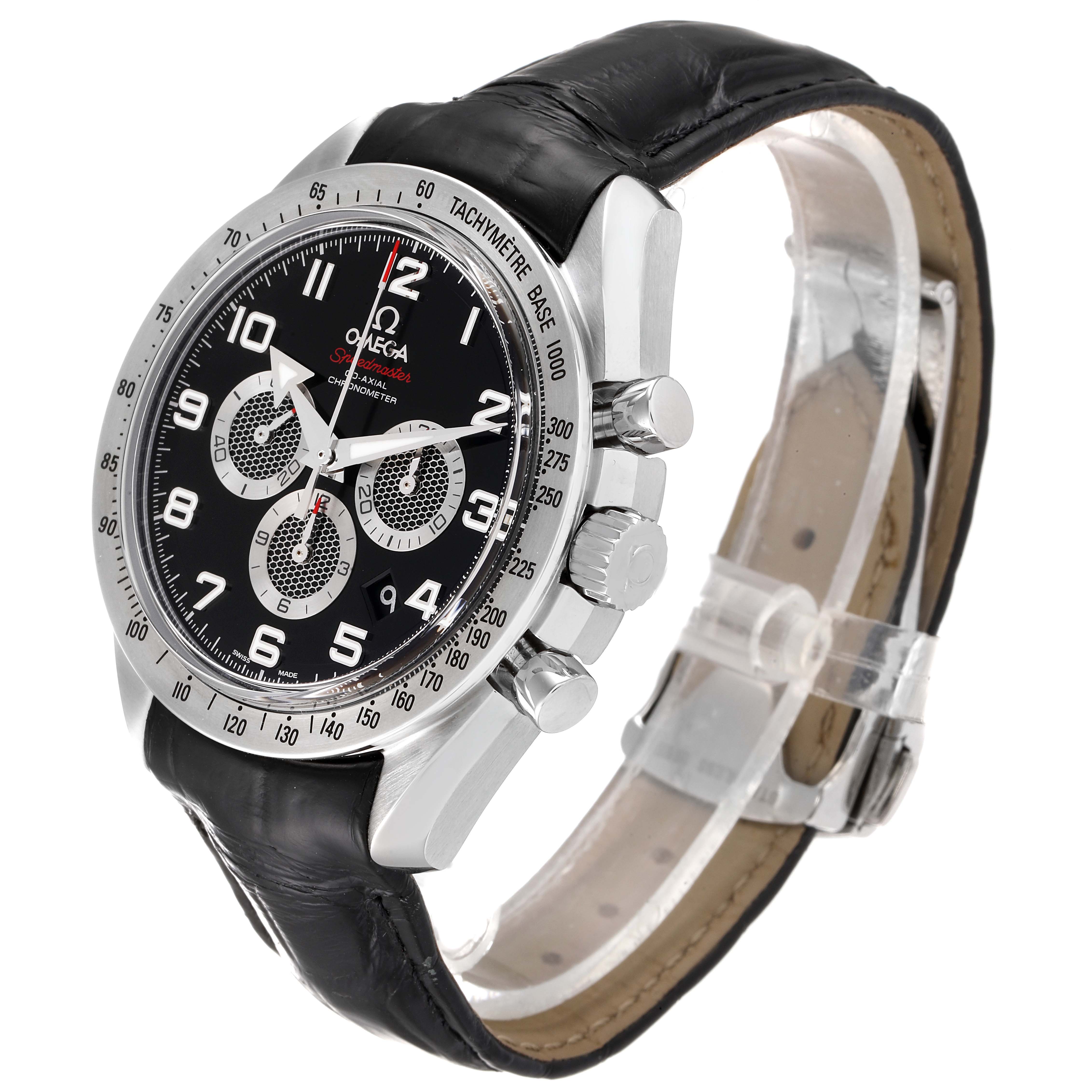 The Omega Speedmaster 321.13.44.50.01.001 Men's Stainless Steel Black Dial 321.13.44.50.01.001 Men's Stainless Steel Black Dial watch is shown at a side angle, highlighting the face, bezel, crown, pushers, and leather strap.