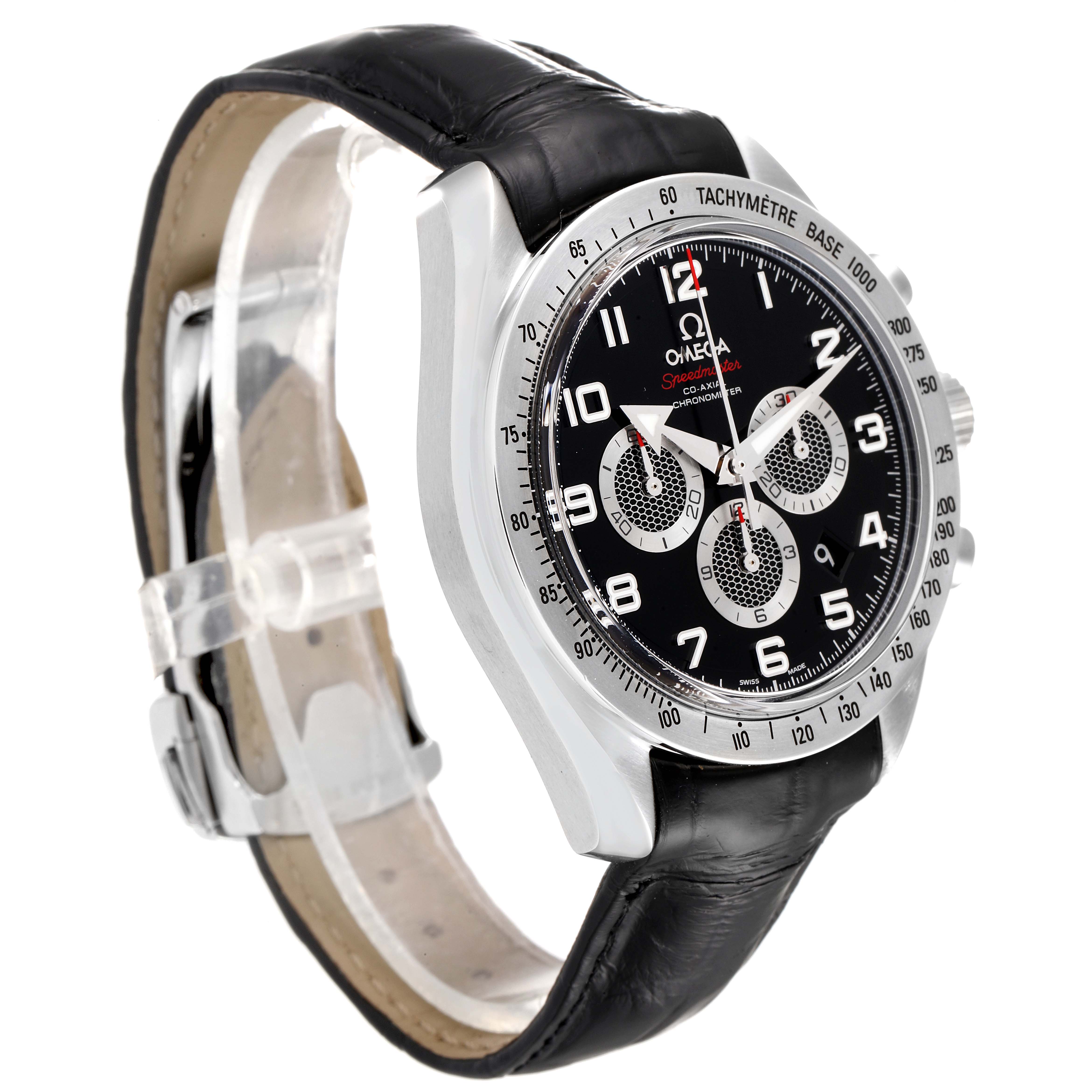 The image shows an Omega Speedmaster 321.13.44.50.01.001 Men's Stainless Steel Black Dial 321.13.44.50.01.001 Men's Stainless Steel Black Dial watch at a three-quarter angle, highlighting its face, bezel, and black leather strap.