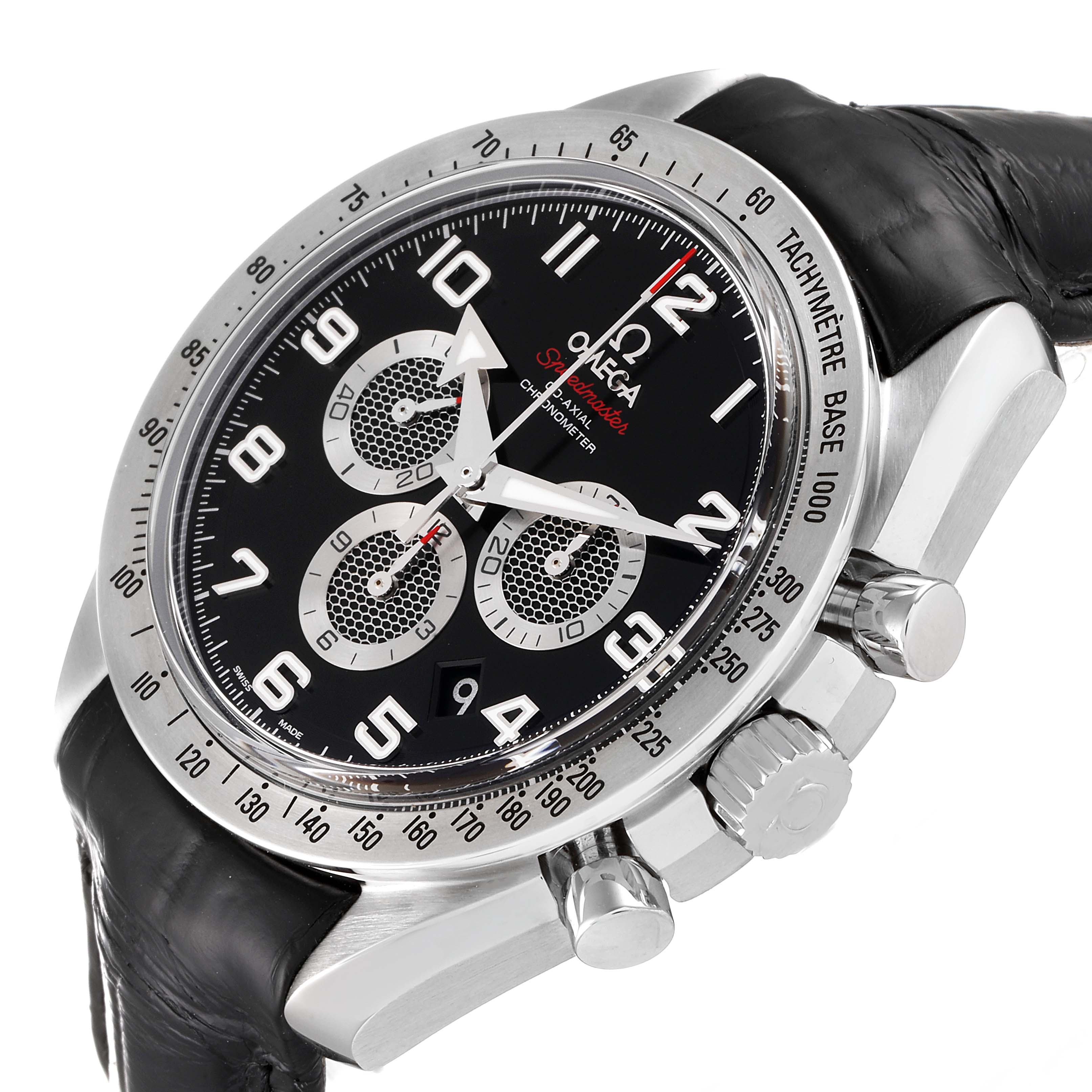 The Omega Speedmaster 321.13.44.50.01.001 Men's Stainless Steel Black Dial 321.13.44.50.01.001 Men's Stainless Steel Black Dial watch is shown from an angle displaying the face, bezel, crown, pushers, and leather strap.