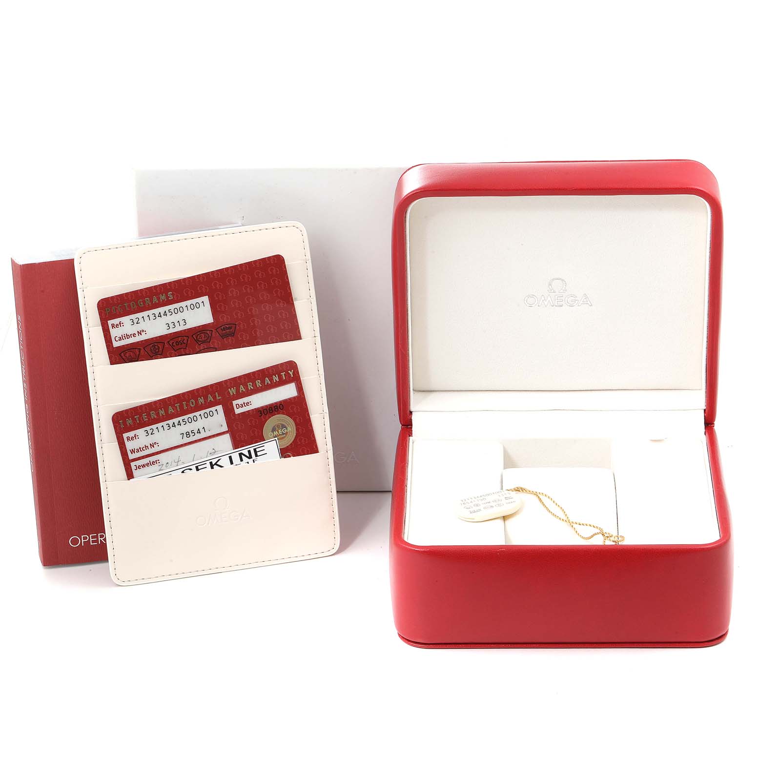 The image shows an Omega Speedmaster 321.13.44.50.01.001 Men's Stainless Steel Black Dial 321.13.44.50.01.001 Men's Stainless Steel Black Dial watch box, warranty cards, and an instruction booklet viewed from the front.