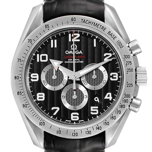 The image shows a frontal view of the Omega Speedmaster watch, showcasing its dial, bezel, subdials, and pushers.