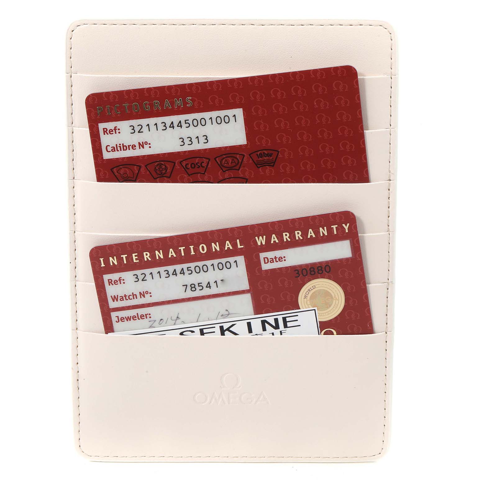 A vertical view of Omega Speedmaster 321.13.44.50.01.001 Men's Stainless Steel Black Dial 321.13.44.50.01.001 Men's Stainless Steel Black Dial model's warranty and pictogram cards in a white cardholder.