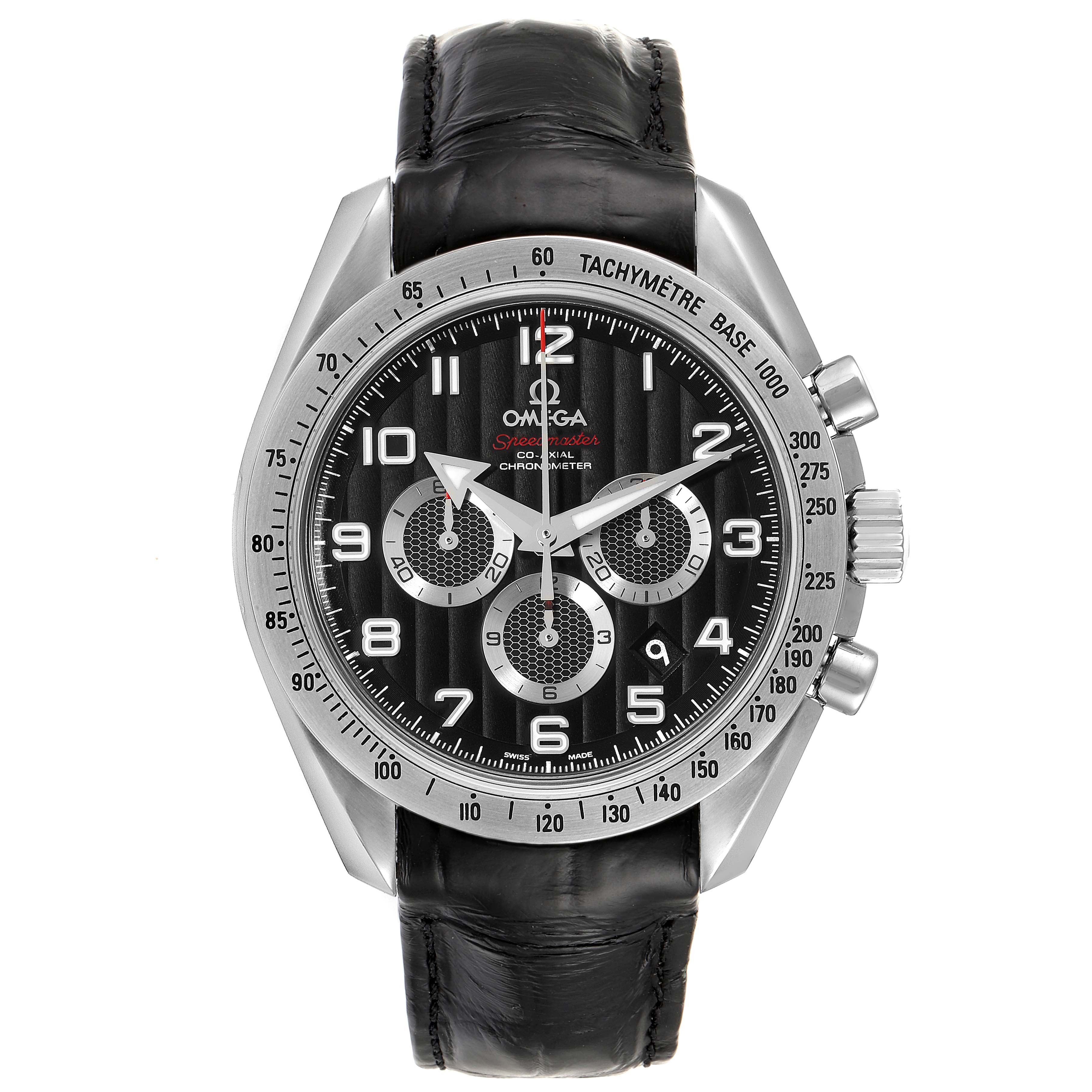 The image shows a front view of an Omega Speedmaster 321.13.44.50.01.001 Men's Stainless Steel Black Dial 321.13.44.50.01.001 Men's Stainless Steel Black Dial watch with a black leather strap and a tachymeter bezel.