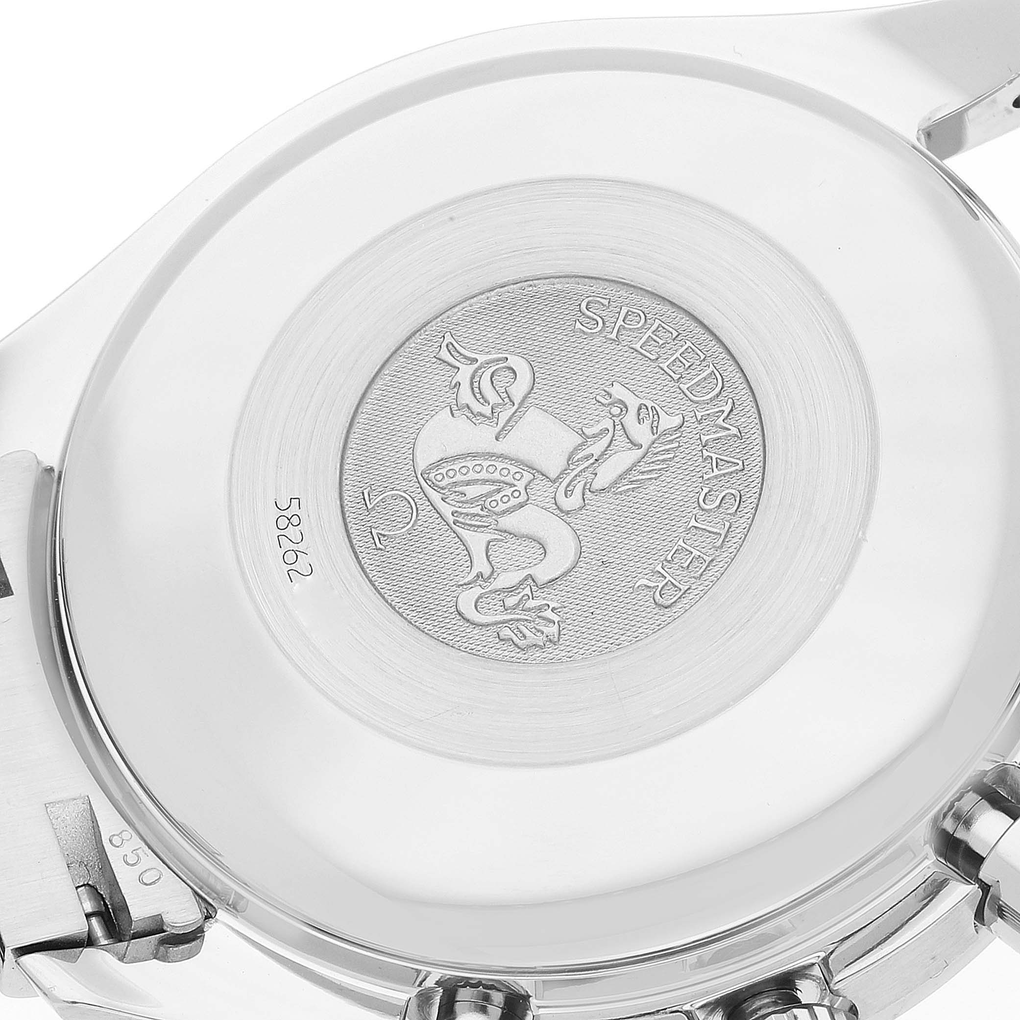 This image shows the back case of an Omega Speedmaster 3520.50.00 Men's Stainless Steel Black Dial 3520.50.00 Men's Stainless Steel Black Dial watch with its logo and engravings visible.