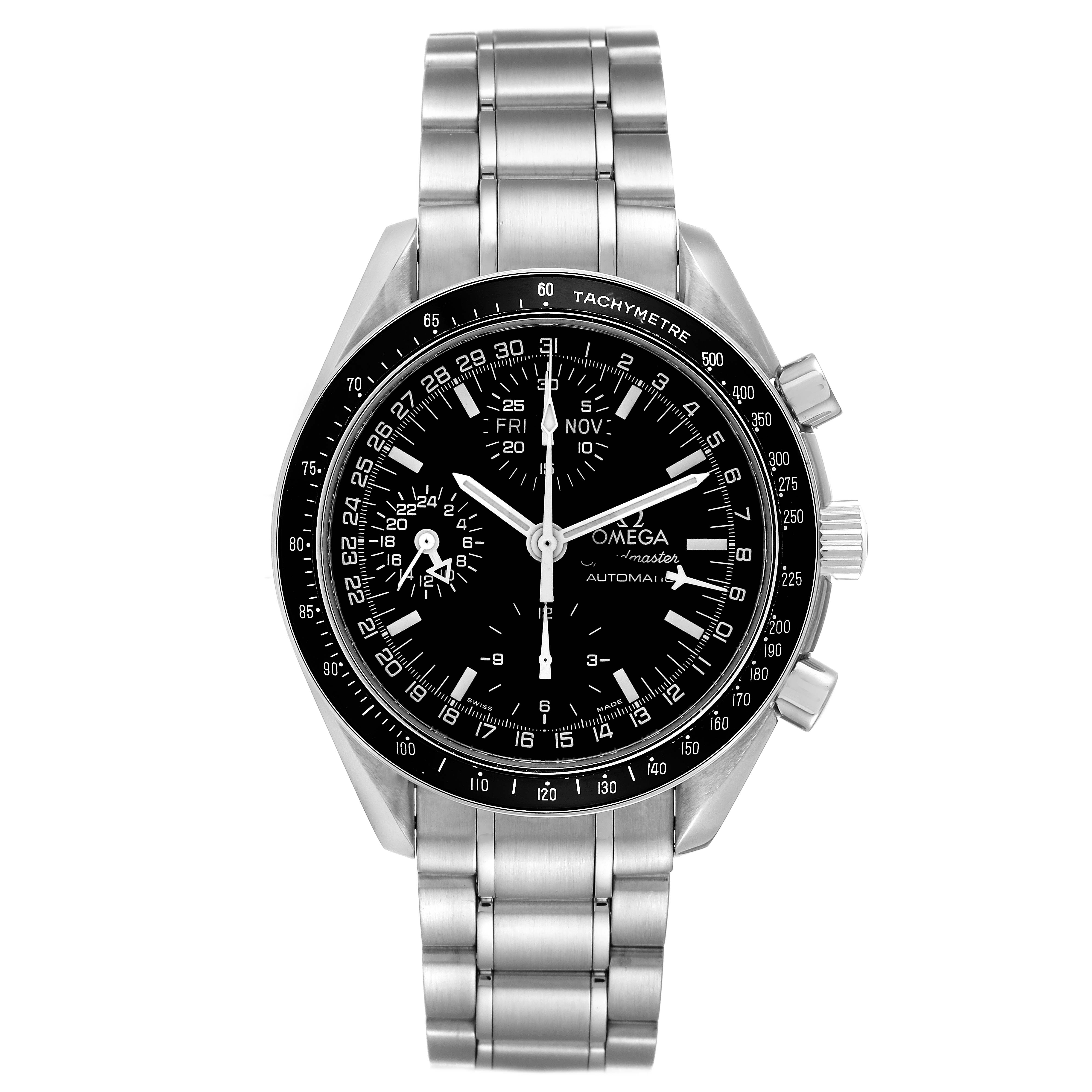 The Omega Speedmaster 3520.50.00 Men's Stainless Steel Black Dial 3520.50.00 Men's Stainless Steel Black Dial watch is shown from a top-down angle, highlighting its face, bezel, and bracelet.