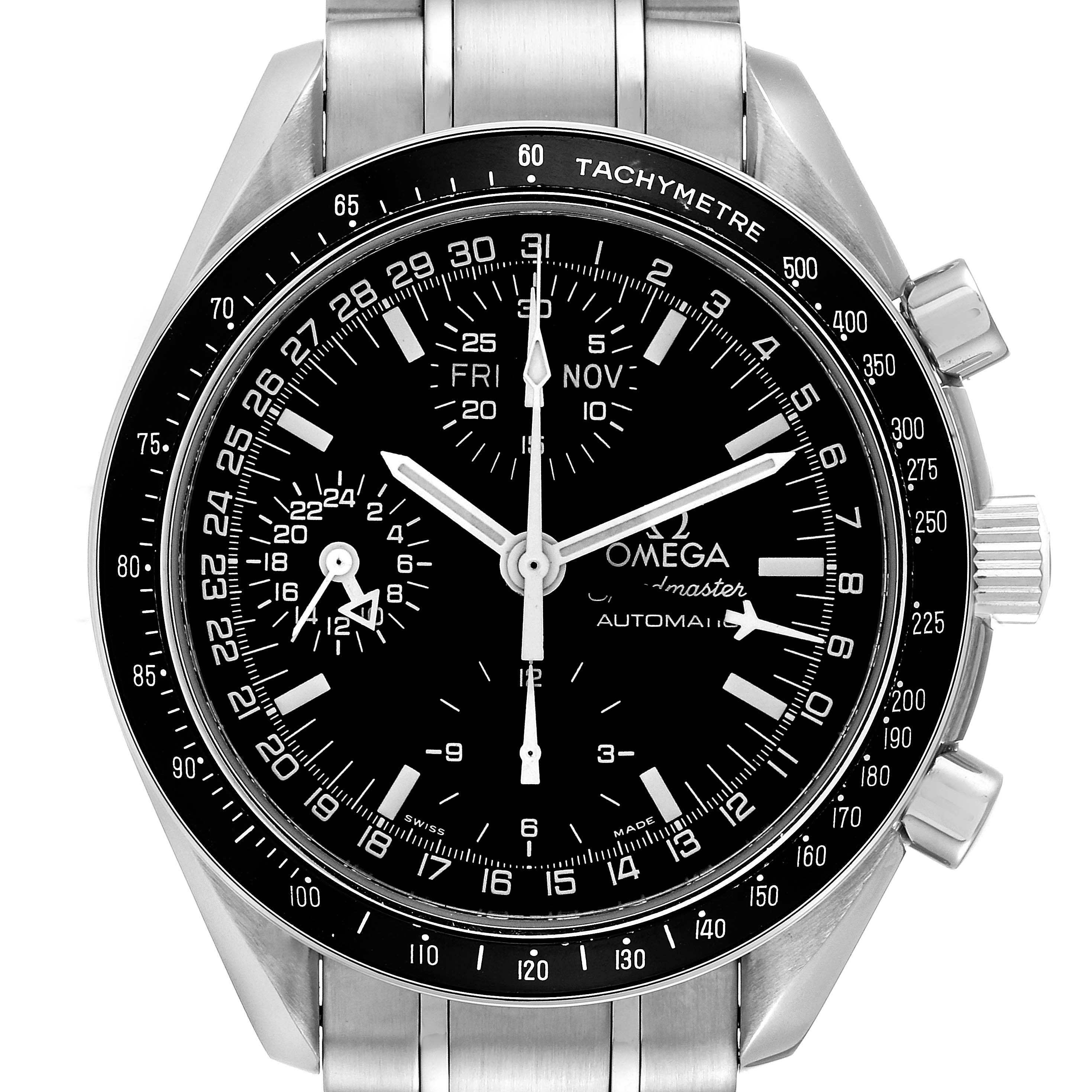This image shows a front view of an Omega Speedmaster 3520.50.00 Men's Stainless Steel Black Dial 3520.50.00 Men's Stainless Steel Black Dial watch, displaying its dial, hands, subdials, and tachymeter bezel.