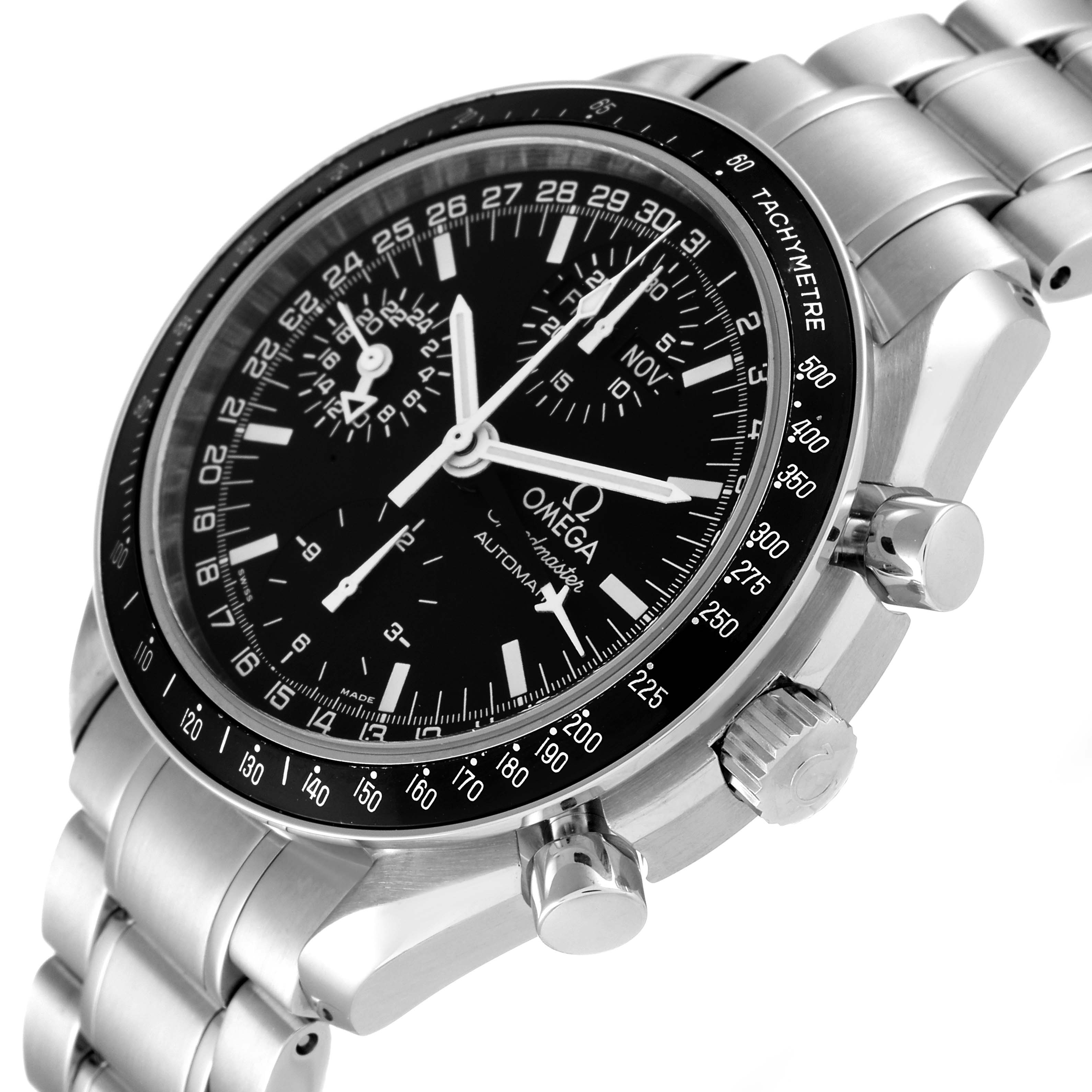 This image shows an Omega Speedmaster 3520.50.00 Men's Stainless Steel Black Dial 3520.50.00 Men's Stainless Steel Black Dial watch at an angled side view, highlighting the dial, bezel, pushers, and crown.