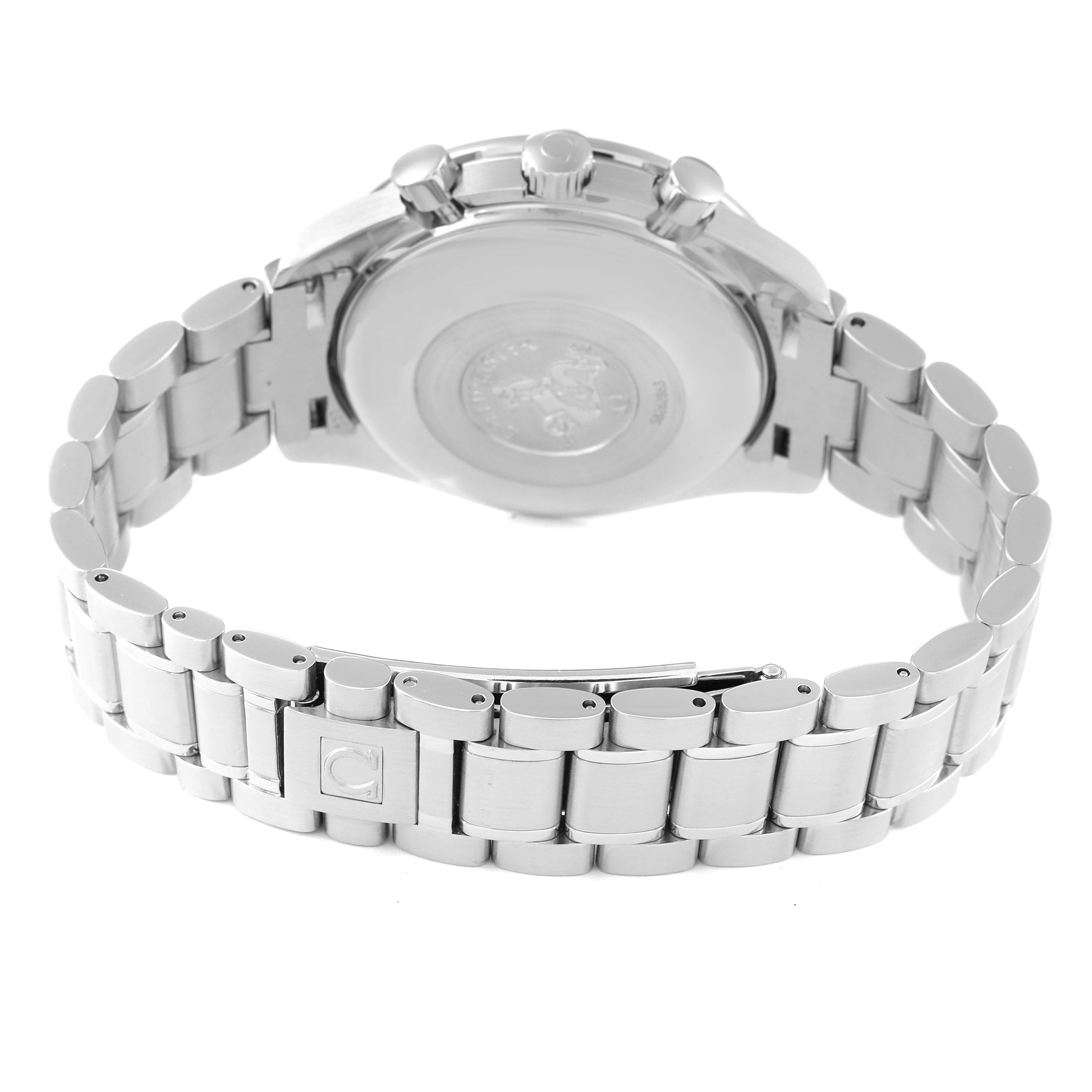 The image shows the back view of an Omega Speedmaster 3520.50.00 Men's Stainless Steel Black Dial 3520.50.00 Men's Stainless Steel Black Dial watch, highlighting its stainless steel bracelet and case back.